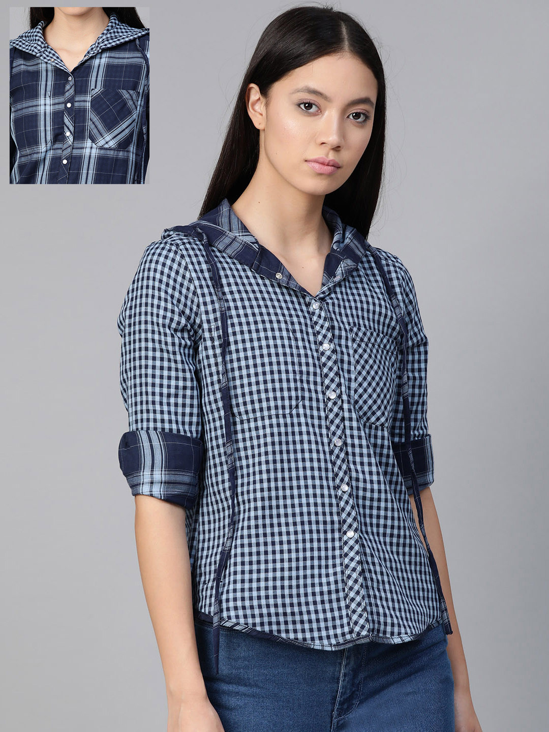 

Roadster Women Blue Regular Fit Checked Reversible Hooded Casual Shirt