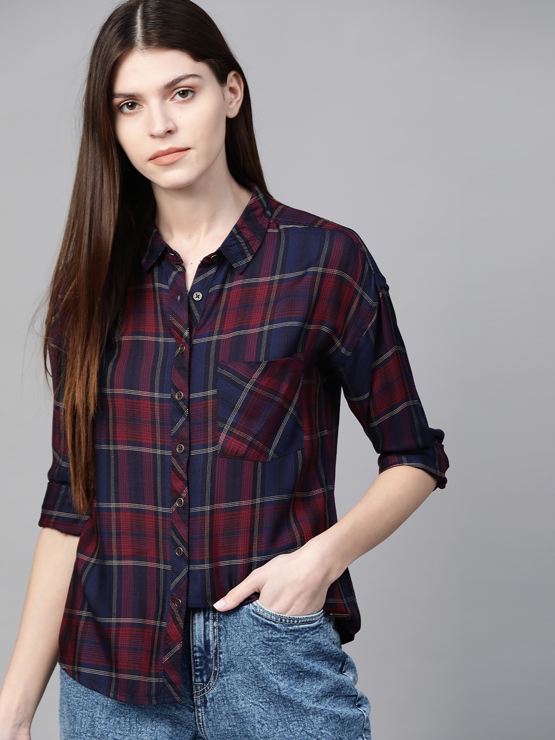 

Roadster Women Navy Blue & Maroon Regular Fit Checked Casual Shirt