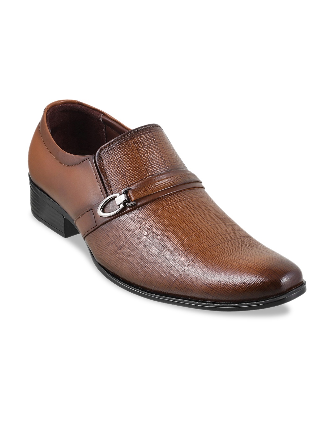 

Metro Men Brown Textured Leather Formal Slip-Ons