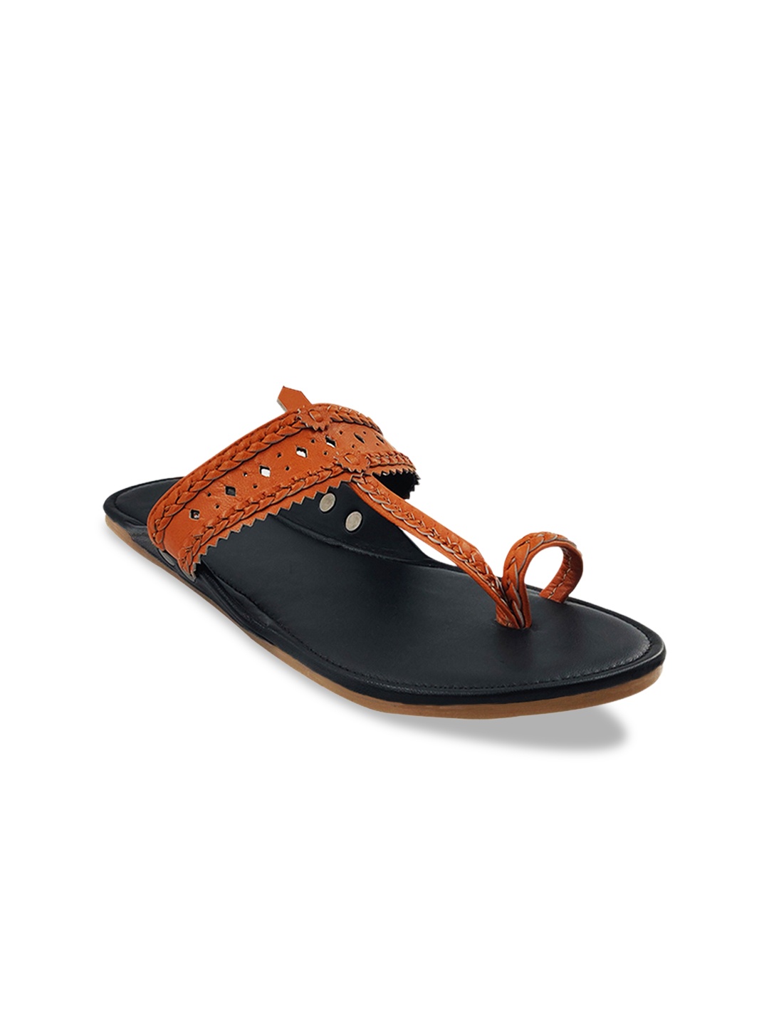 

THE MADRAS TRUNK Women Orange Woven Design Leather Open Toe Kolhapuri Flats