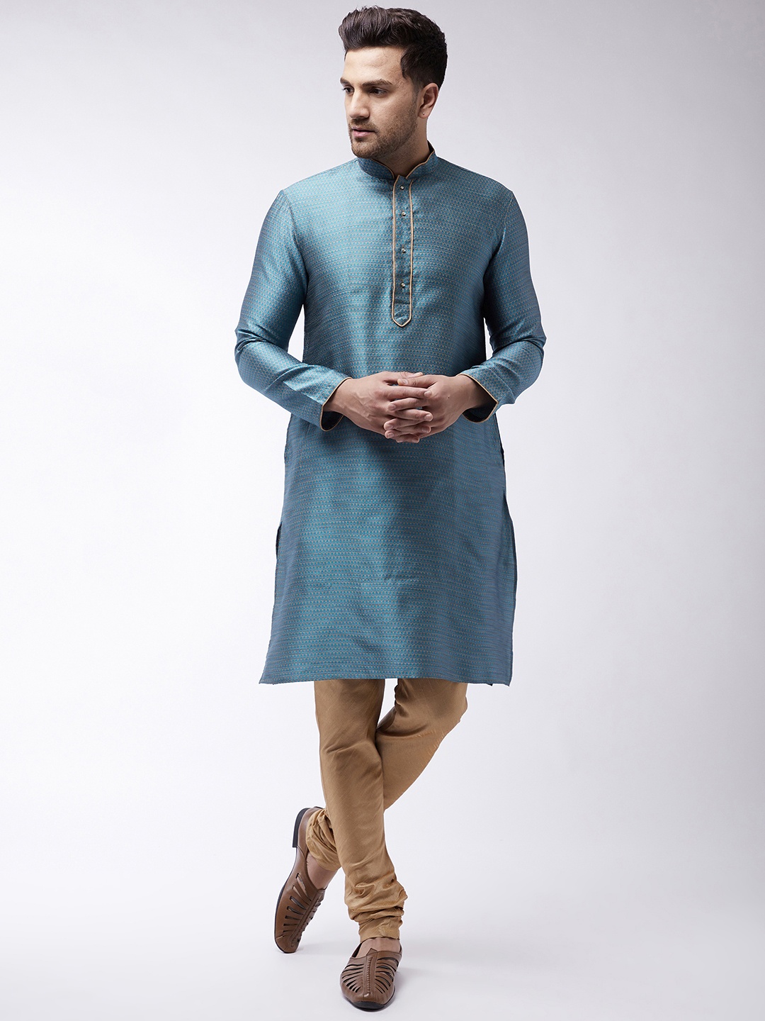 

VASTRAMAY Men Blue & Gold-Coloured Woven Design Kurta with Churidar