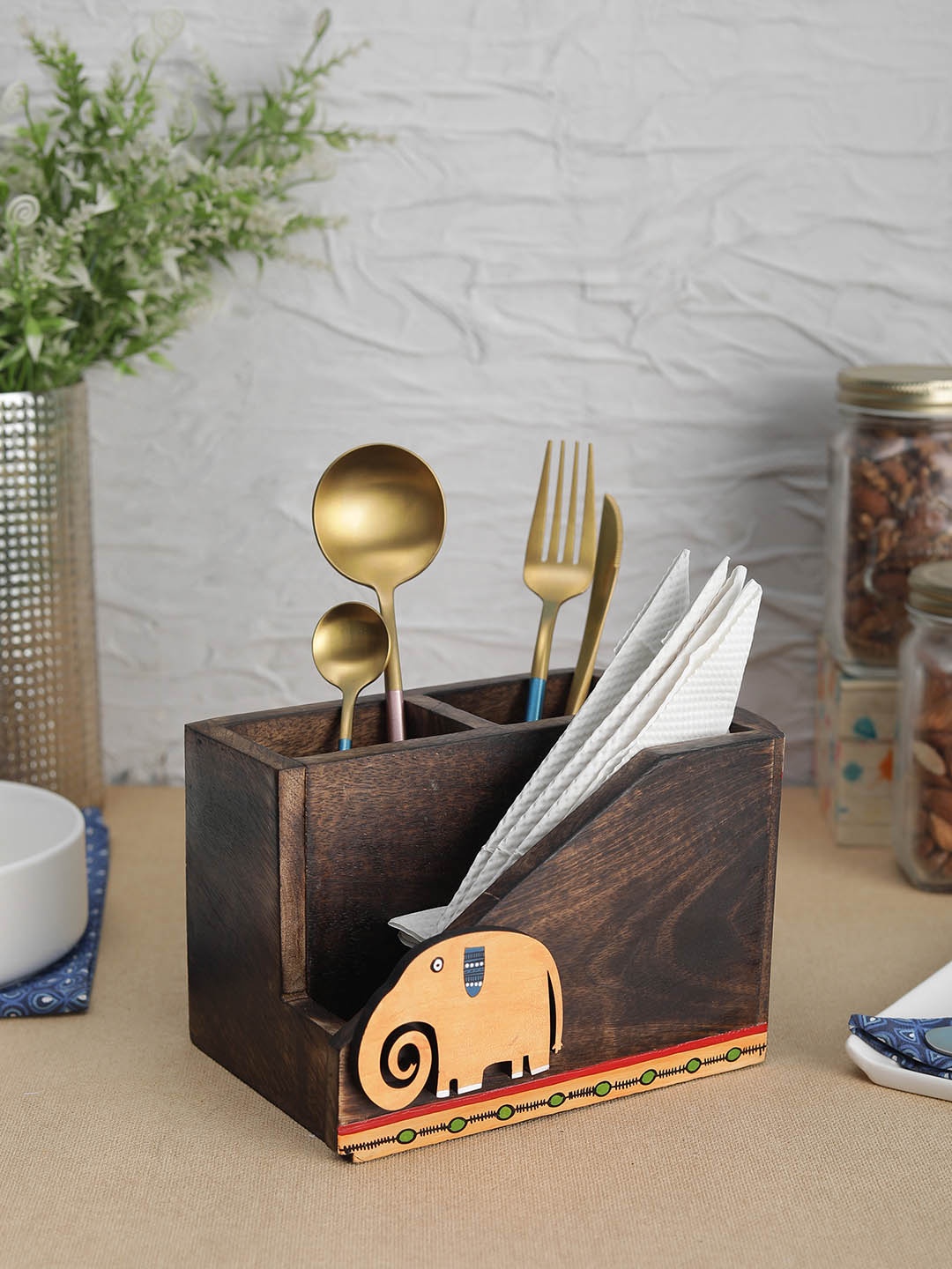 

VarEesha Brown & Orange-Colored Solid Elephant Mango Wood Spoon and Tissue Holder
