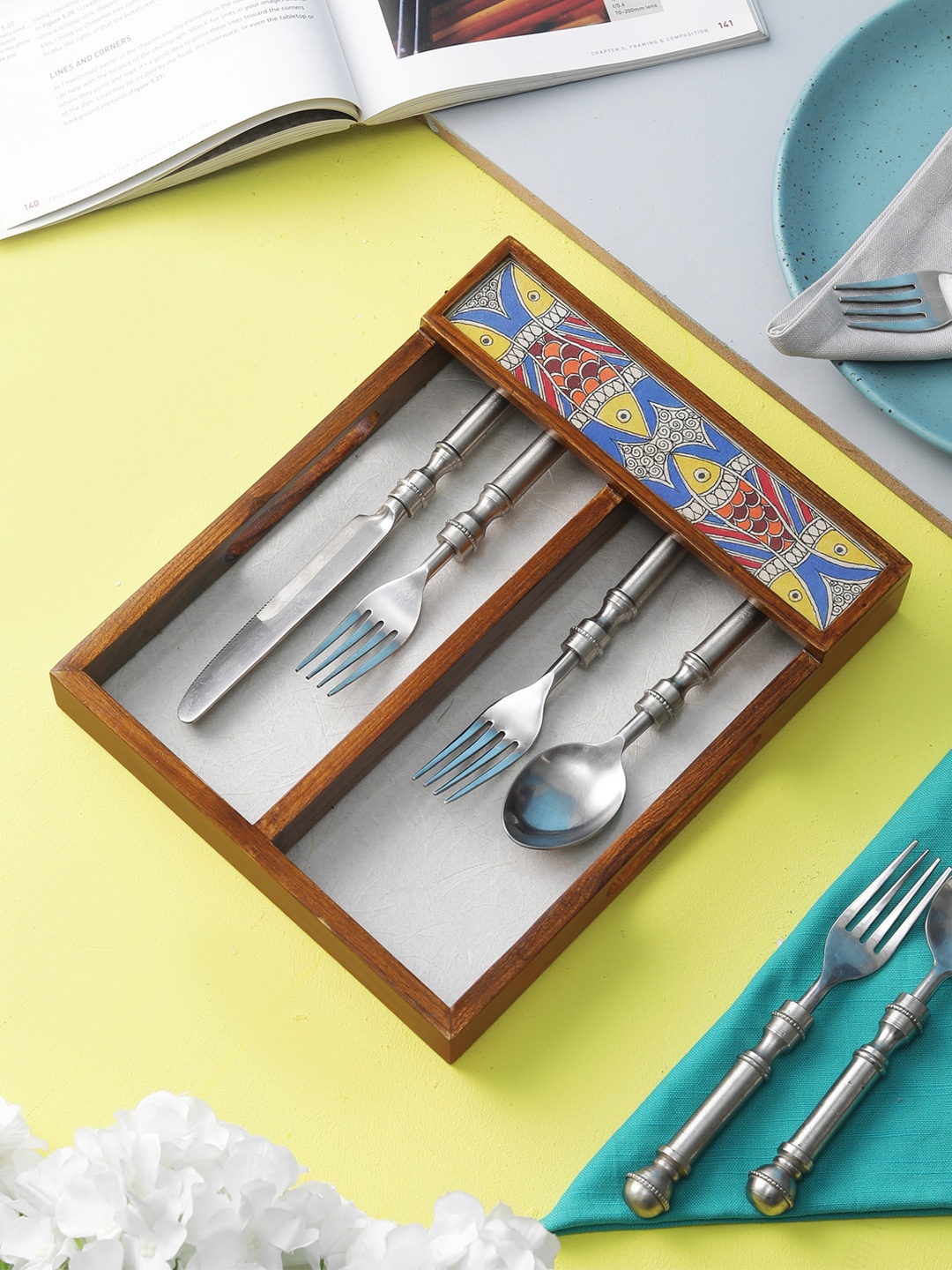 

VarEesha Multicoloured Teak Wood Cutlery Tray with Glass Base, Multi