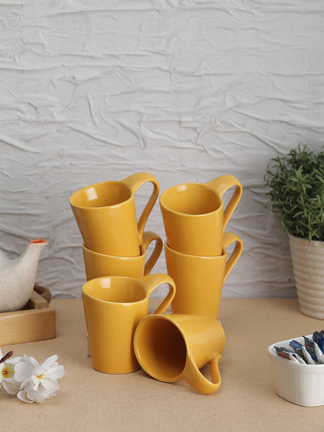 

VarEesha Set Of 6 Yellow Solid Hand Painted Microwave Safe Ceramic Cups