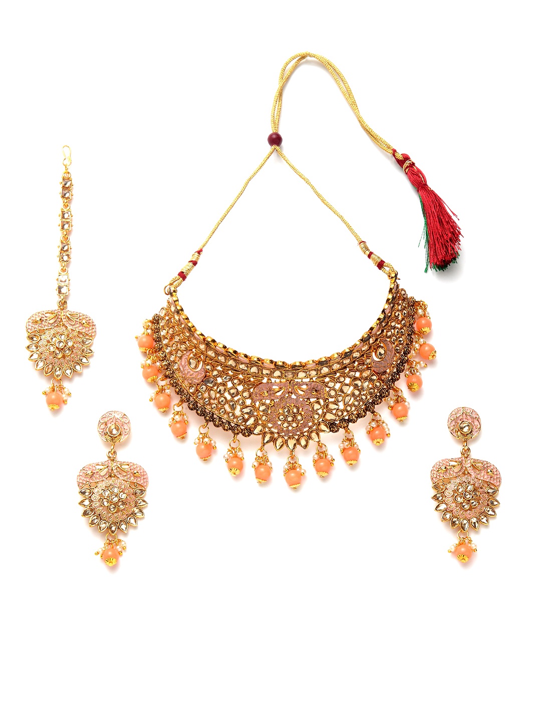 

ANIKAS CREATION Gold-Plated & Pink Kundan-Studded Enameled Handcrafted Jewellery Set