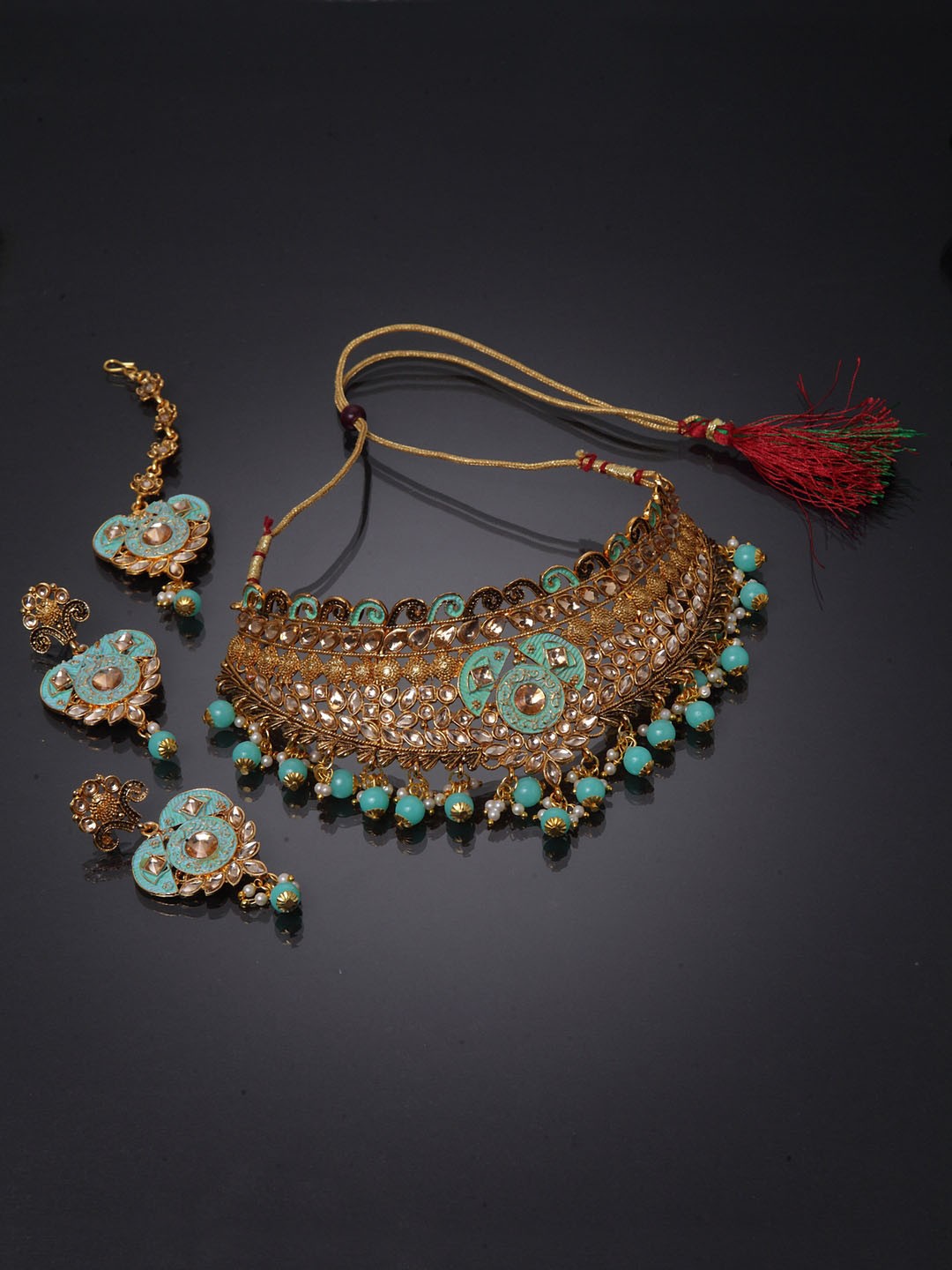 

ANIKAS CREATION Gold-Plated Beige & Sea Green Bridal Look Enamelled Kundan-Studded Choker Jewellery Set