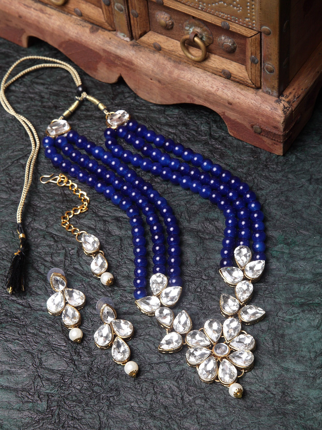 

ANIKAS CREATION Gold-Plated Navy Blue & White Crystal & Pearl Embellished Trendy 3 Layer Jadau Jewellery Set