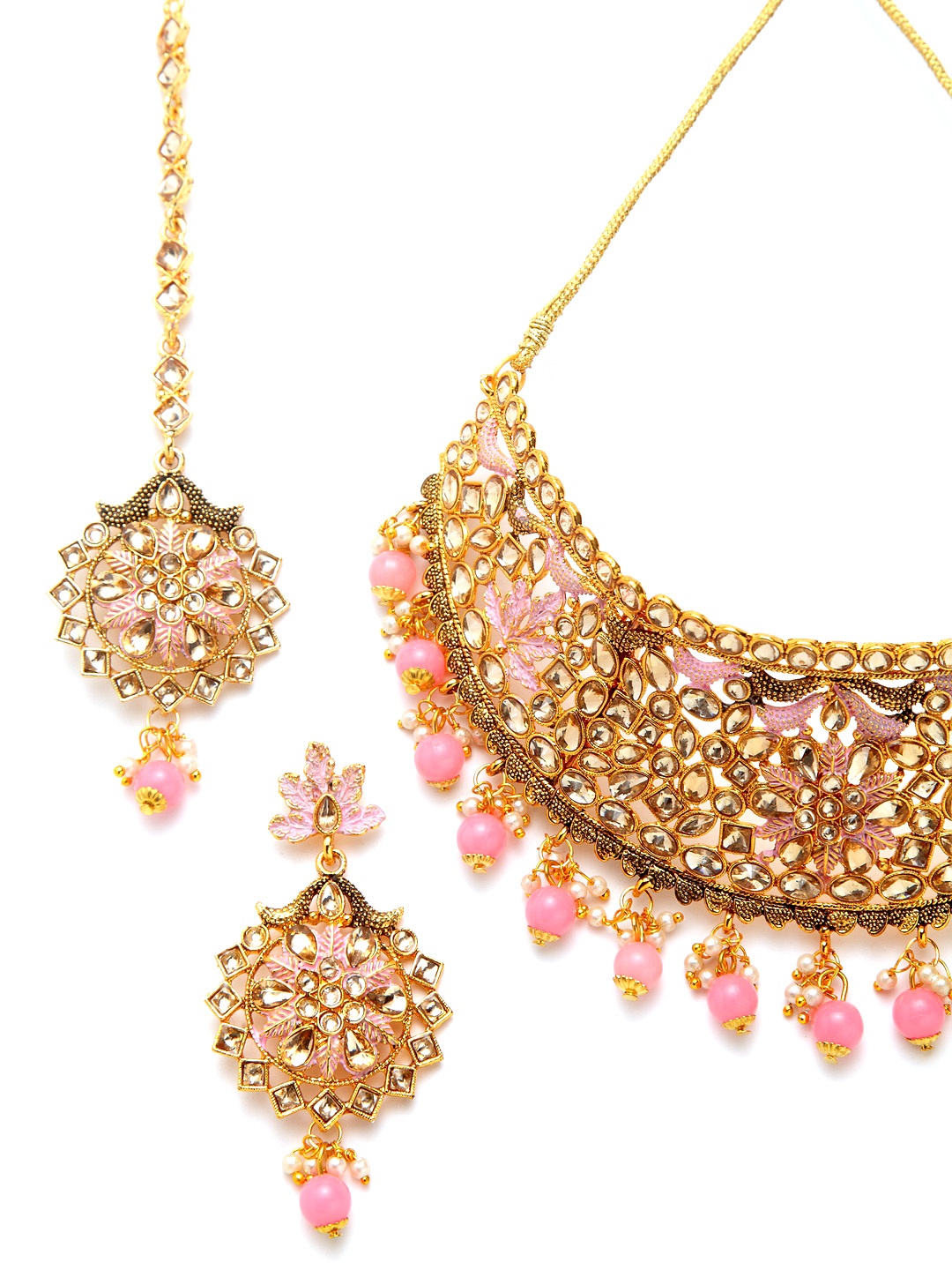 

ANIKAS CREATION Gold-Plated Beige & Pink Kundan-Studded Enamelled Bridal Look Choker Jewellery Set