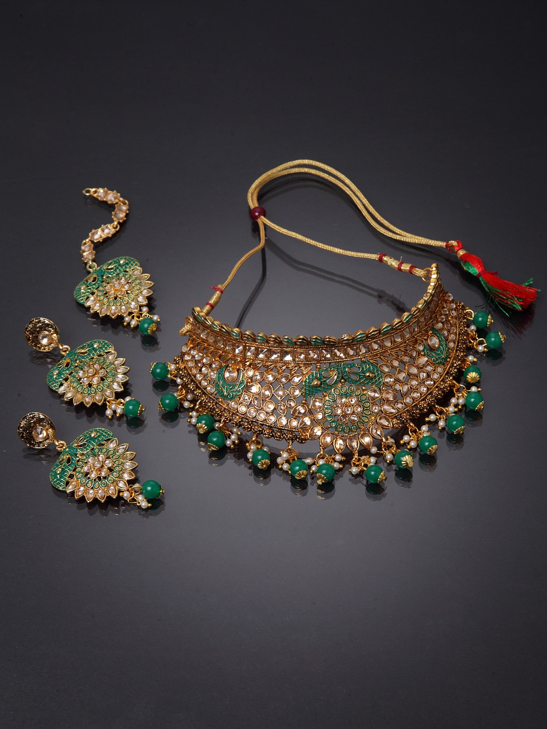 

ANIKAS CREATION Gold-Plated Beige & Green Kundan-Studded Enamelled Bridal Look Choker Jewellery Set