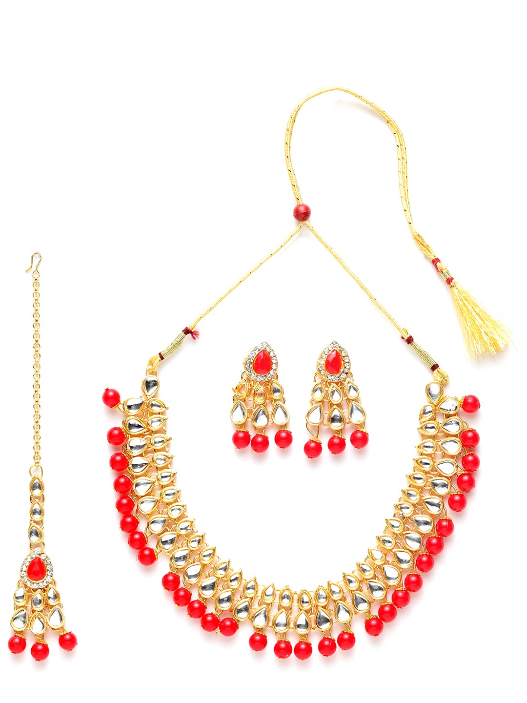 

ANIKAS CREATION Gold-Plated Red & White Kundan-Studded Beaded Jadau Jewellery Set