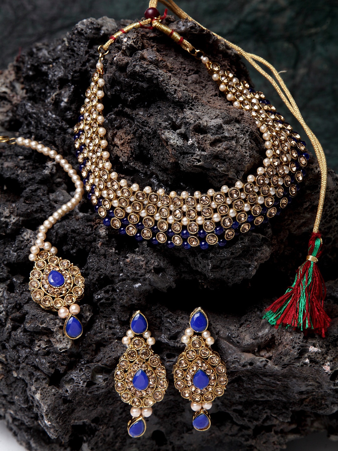 

ANIKAS CREATION Gold-Plated Blue & Beige Stone-Studded Beaded Jadau Handcrafted Jewellery Set