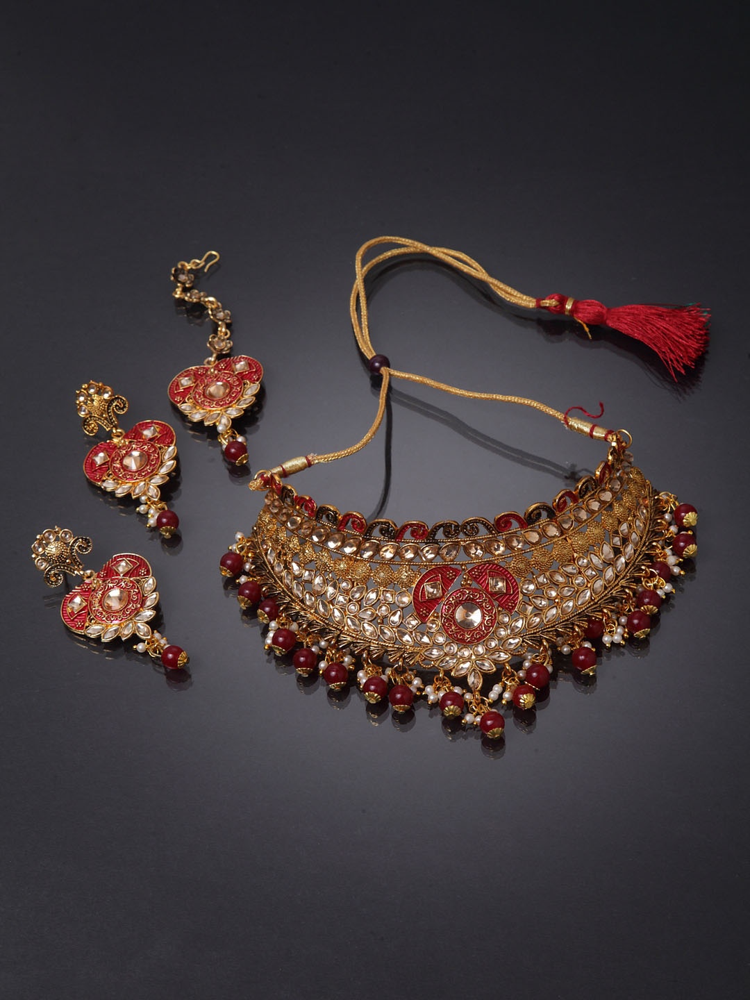 

ANIKAS CREATION Gold-Plated Beige & Maroon Kundan-Studded Enamelled Bridal Look Choker Jewellery Set