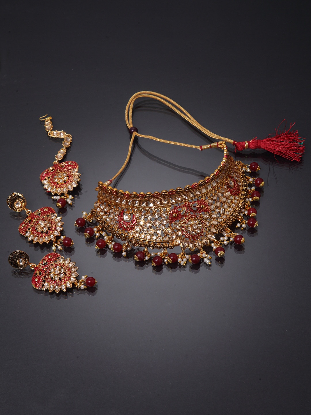 

ANIKAS CREATION Gold-Plated Beige & Maroon Kundan-Studded Enamelled Bridal Look Choker Jewellery Set