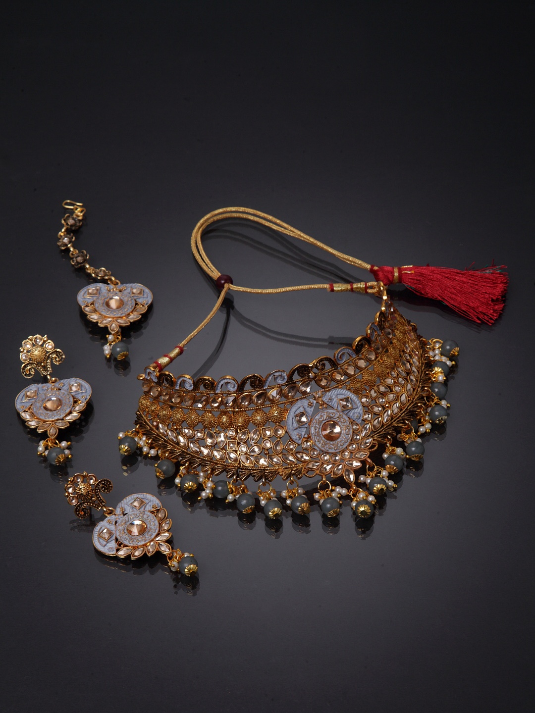 

ANIKAS CREATION Gold-Plated Beige & Grey Kundan-Studded Enamelled Bridal Look Choker Jewellery Set
