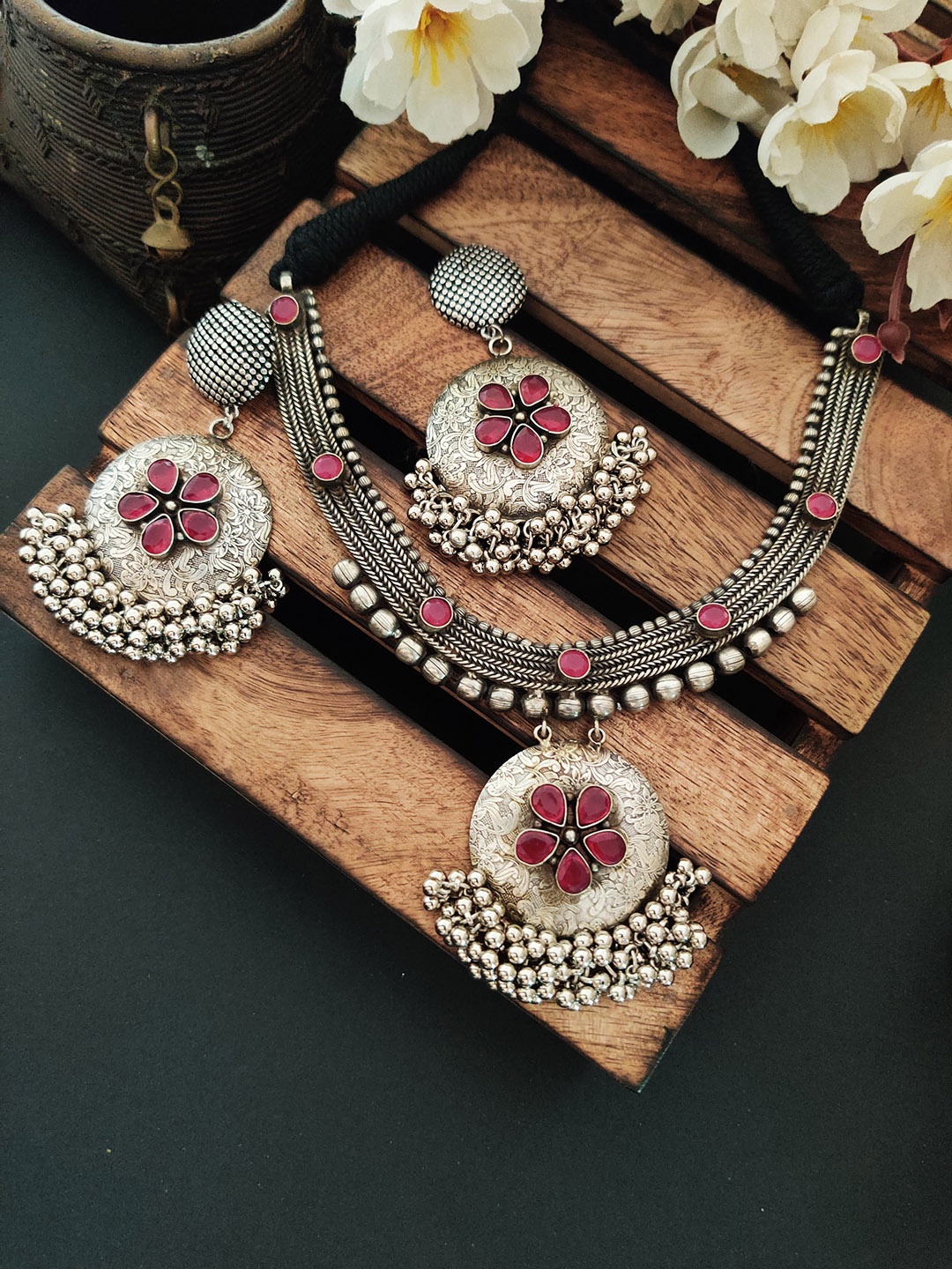 

Binnis Wardrobe Oxidized Maroon Silver-Plated Jewellery Set