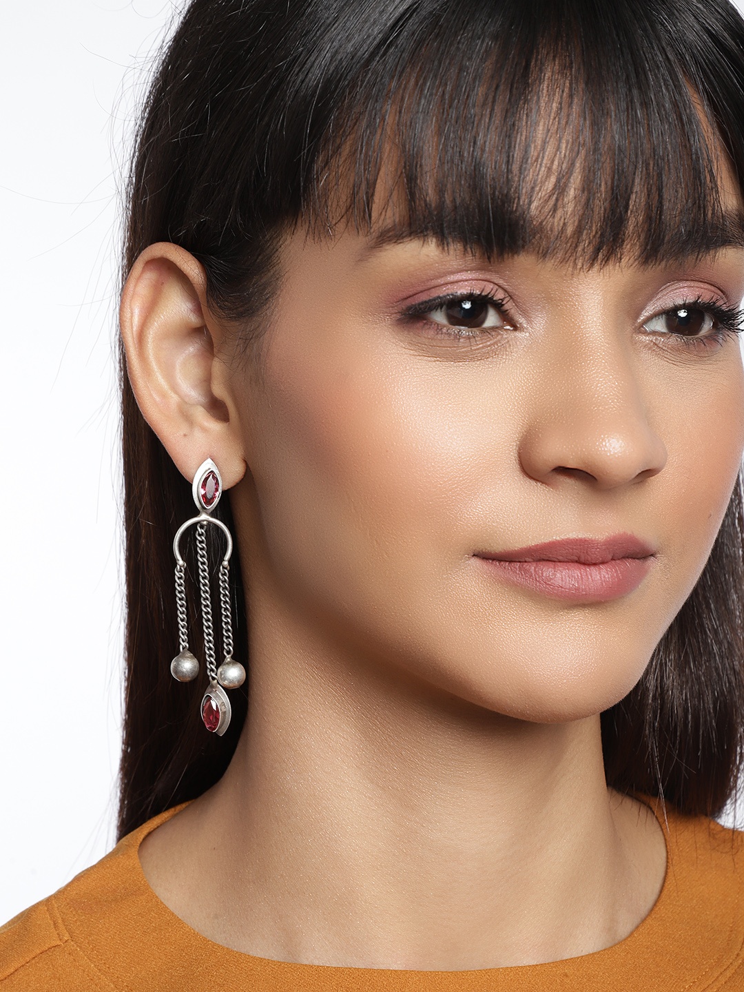 

Binnis Wardrobe Silver-Plated & Red Contemporary Oxidised Drop Earrings
