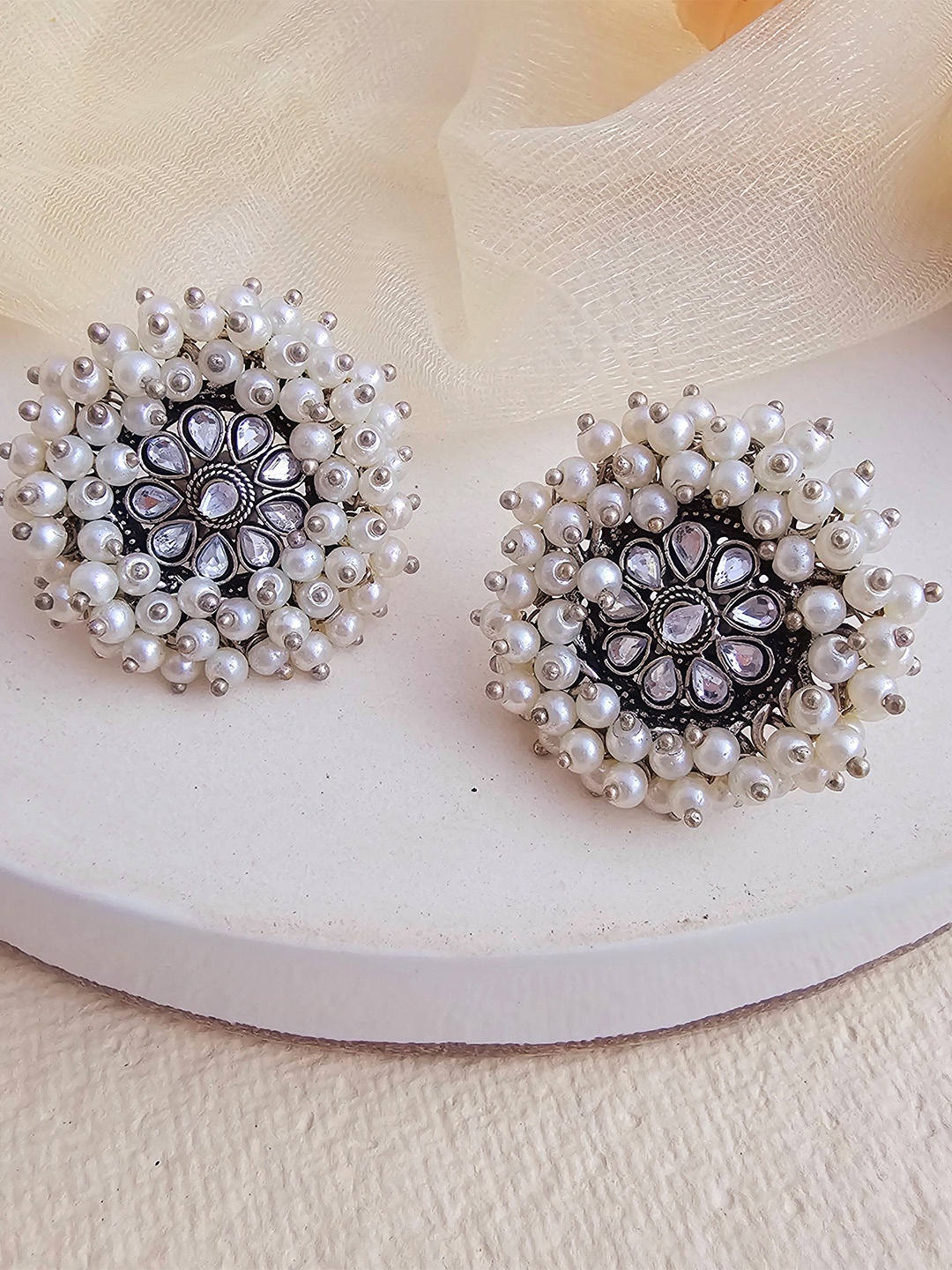 

Binnis Wardrobe Silver-Plated Kundan Stone Studded Floral Oxidised Studs