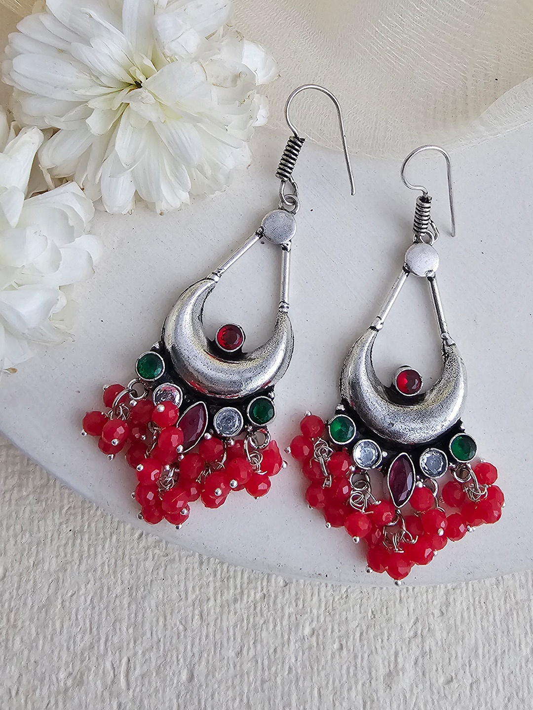 

Binnis Wardrobe German Silver-Plated & Red Crescent Shaped Oxidised Drop Earrings