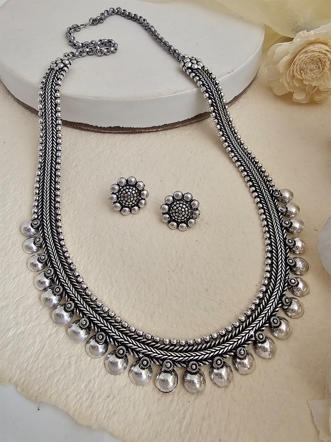 

Binnis Wardrobe Women Silver-Plated Kolhapuri Oxidised Jewllery Set