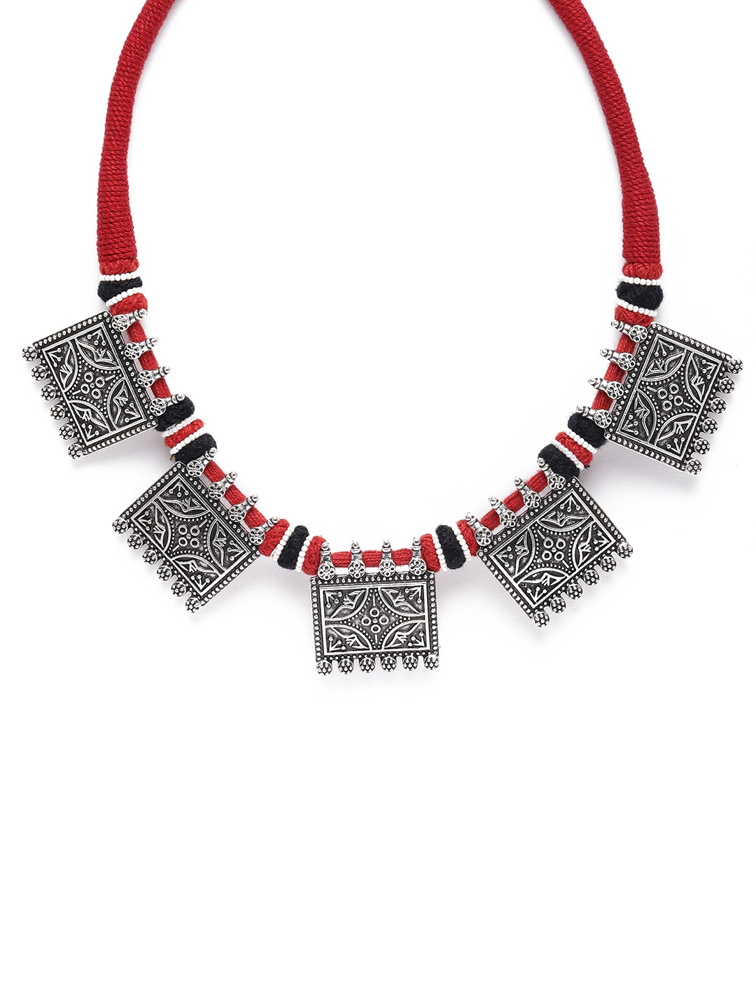 

Binnis Wardrobe Silver-toned & Red Silver-Plated Handcrafted Tribal Tassel Necklace