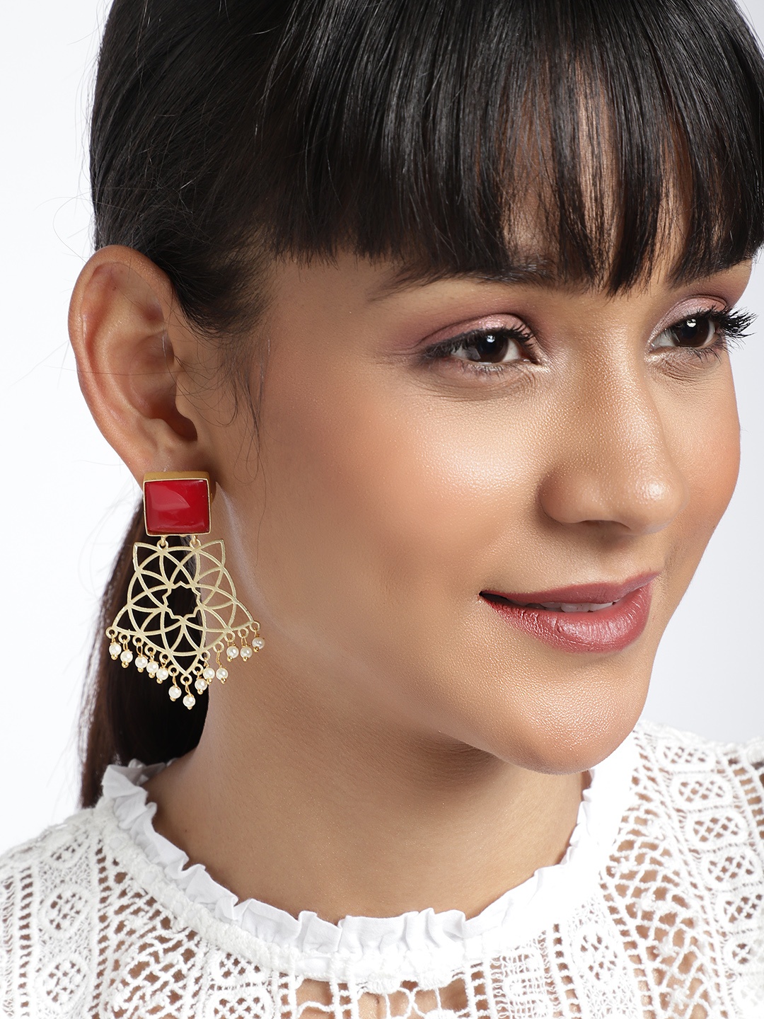 

Binnis Wardrobe Gold-Plated & Red Geometric Drop Earrings