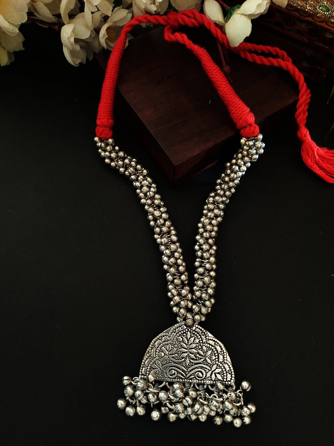 

Binnis Wardrobe Silver-Plated & Red Ghunghuru Tribal Necklace