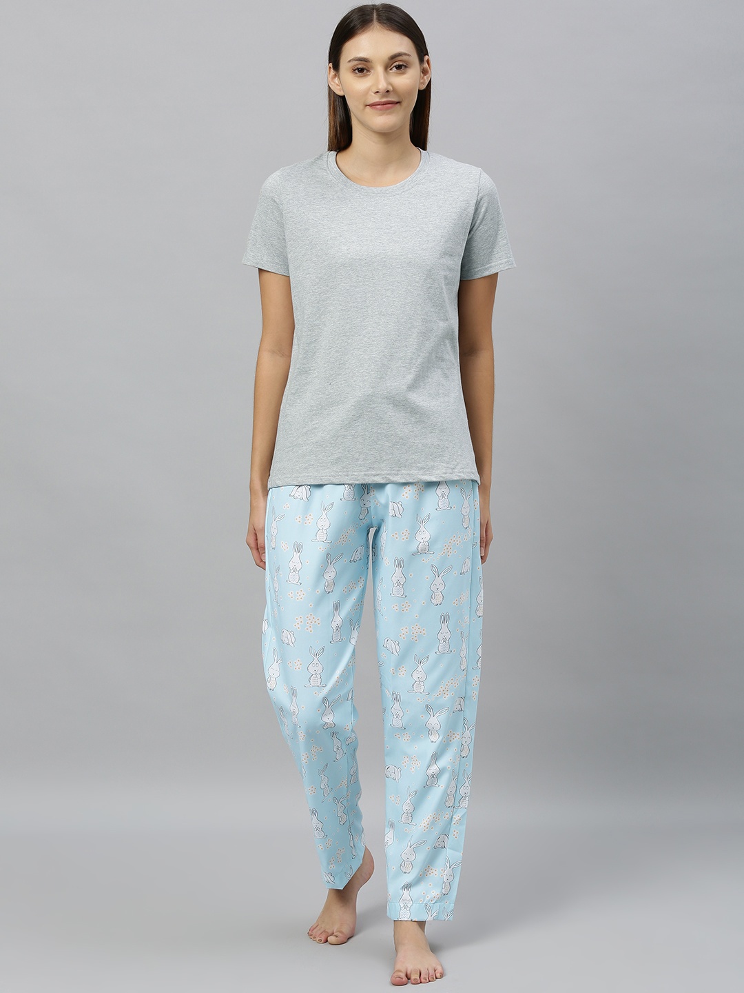 

DRAPE IN VOGUE Women Grey Melange & Turquoise Blue Solid Night suit
