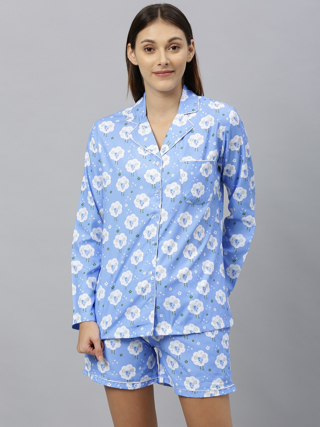 

DRAPE IN VOGUE Women Blue & White Sheep Printed Night suit