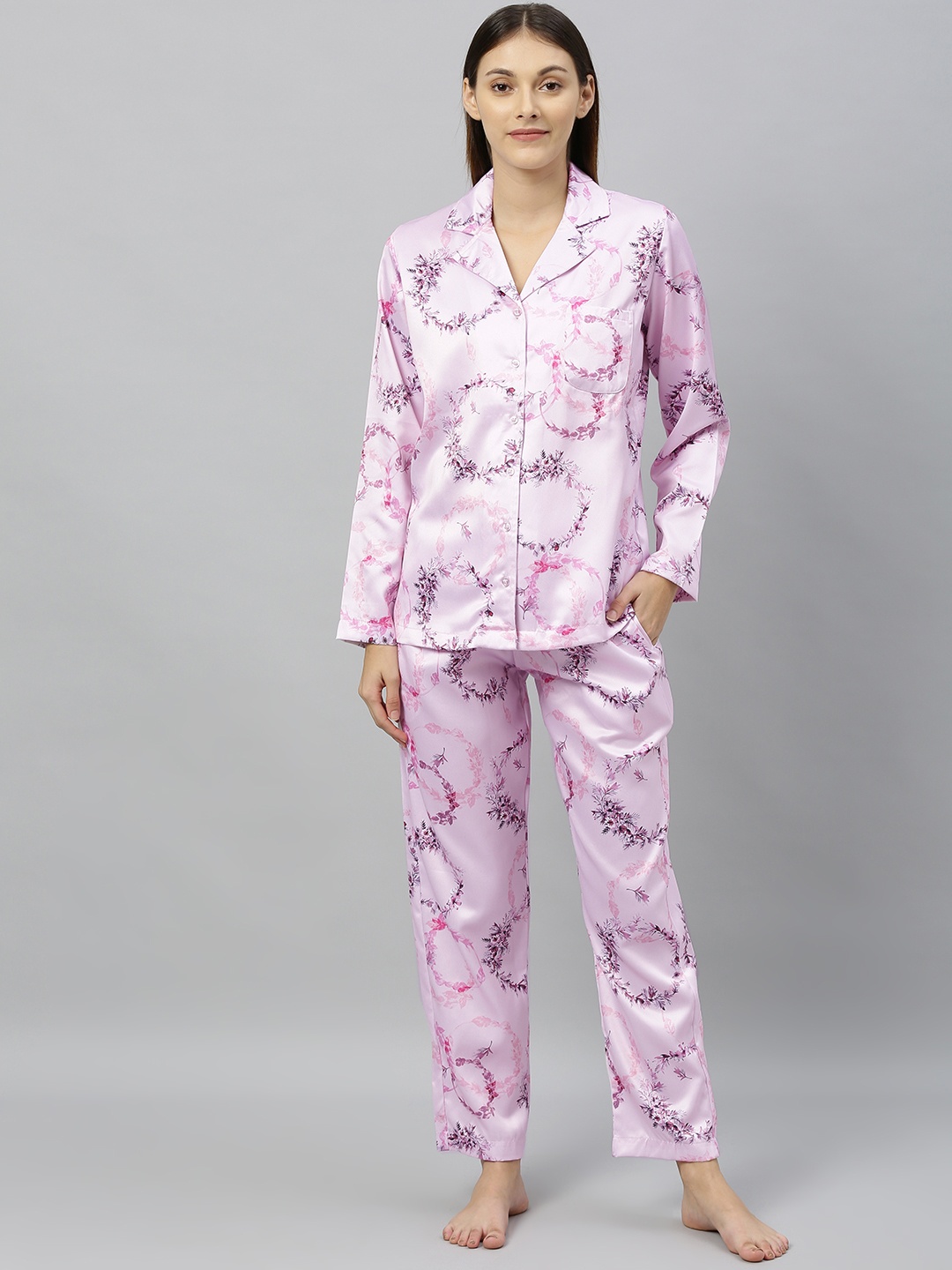 

DRAPE IN VOGUE Women 2 Pc Pink Floral Print Night Suit Set