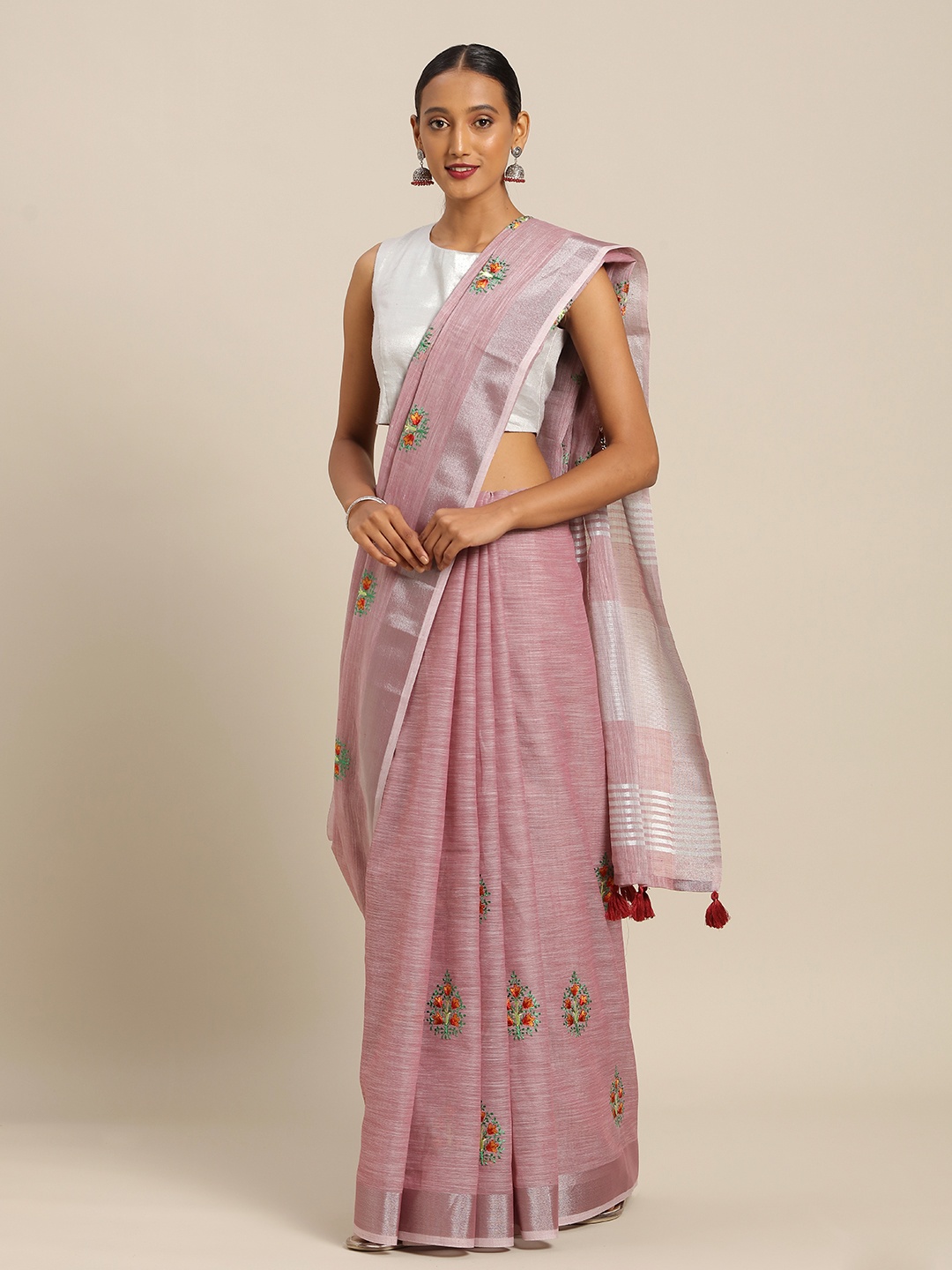 

SANGAM PRINTS Purple & Green Linen Blend Embroidered Kota Saree