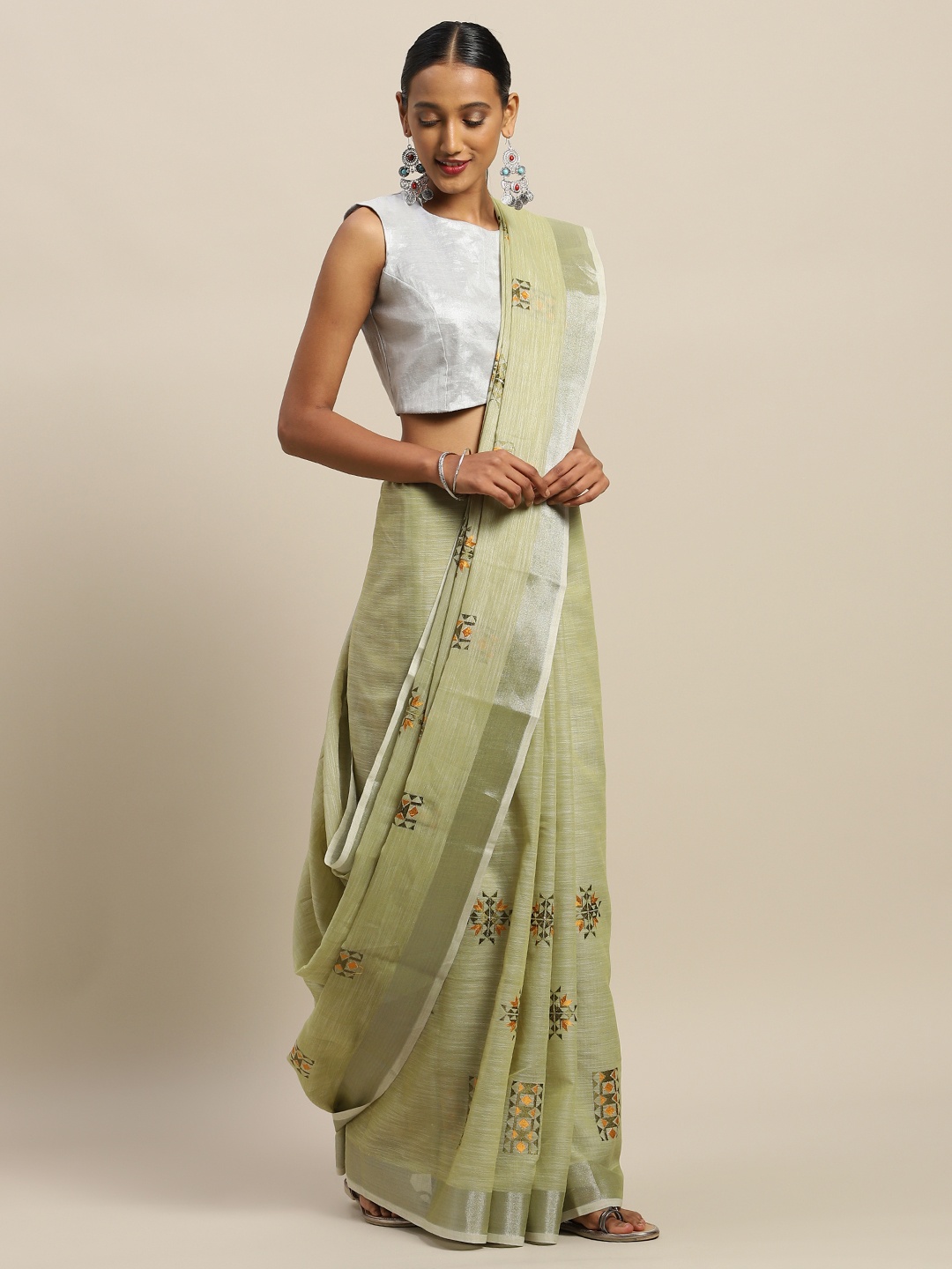 

SANGAM PRINTS Sea Green & Silver-Toned Linen Blend Embroidered Kota Saree