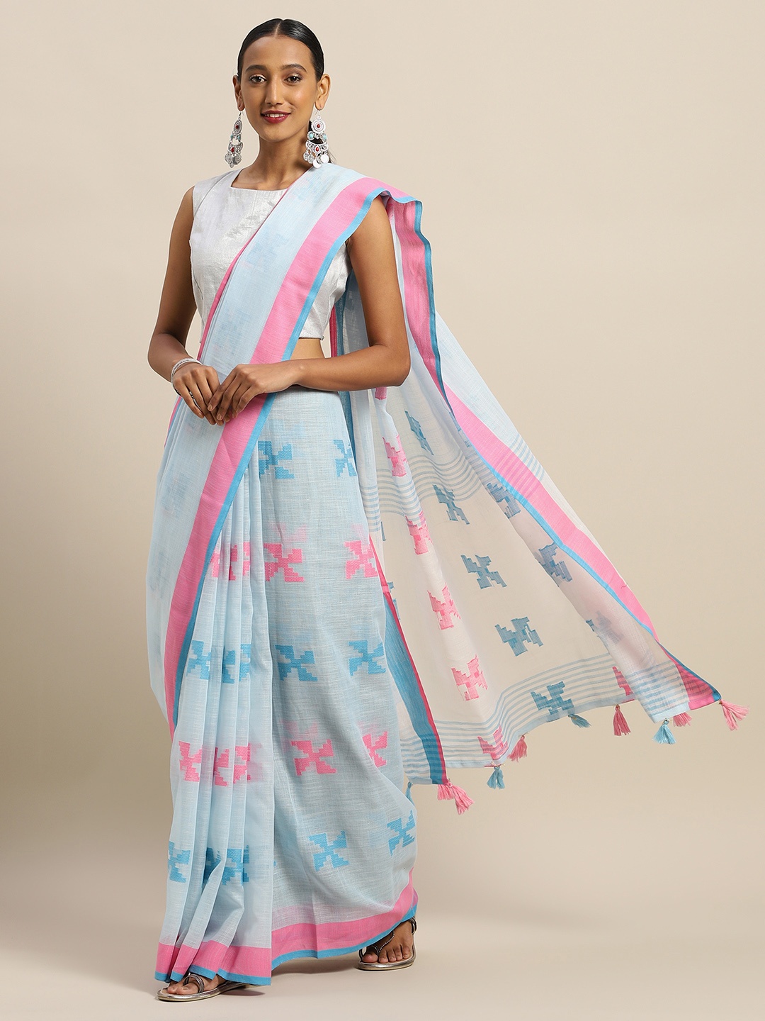 

SANGAM PRINTS Blue & Pink Linen Blend Woven Design Kota Saree