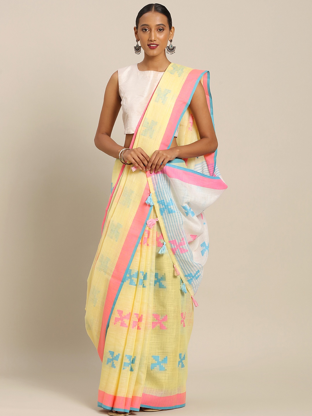 

SANGAM PRINTS Yellow & Blue Linen Blend Woven Design Thread Work Handloom Kota Saree