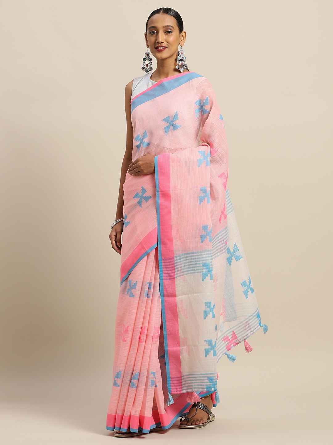 

SANGAM PRINTS Pink & Blue Linen Blend Woven Design Kota Saree