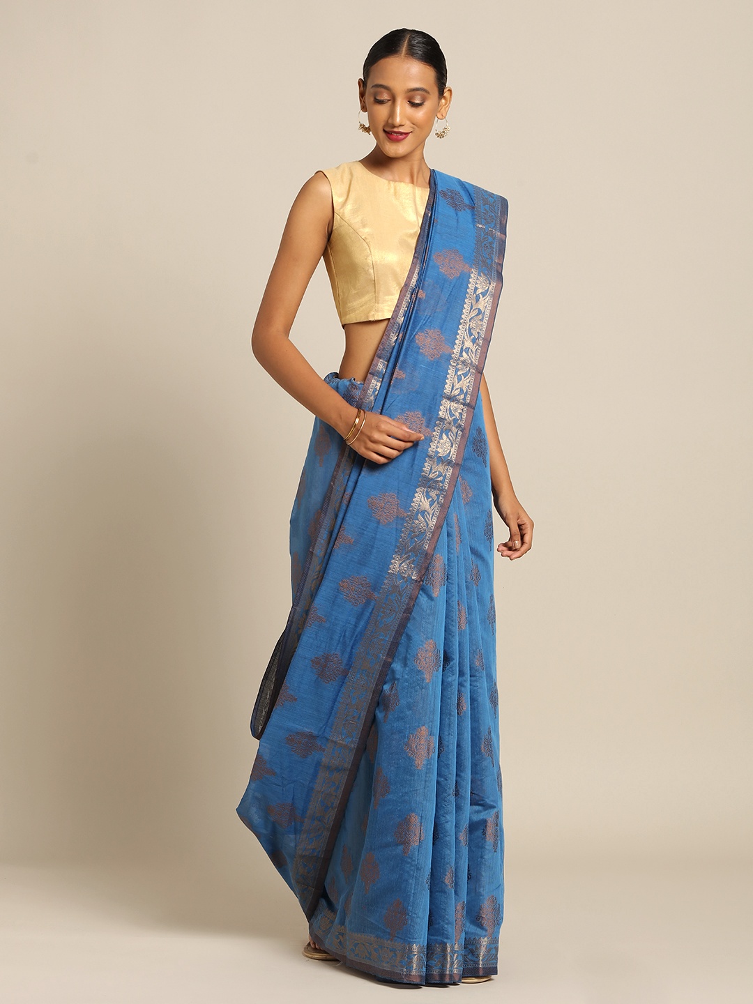 

SANGAM PRINTS Turquoise Blue & Brown Pure Cotton Woven Design Saree