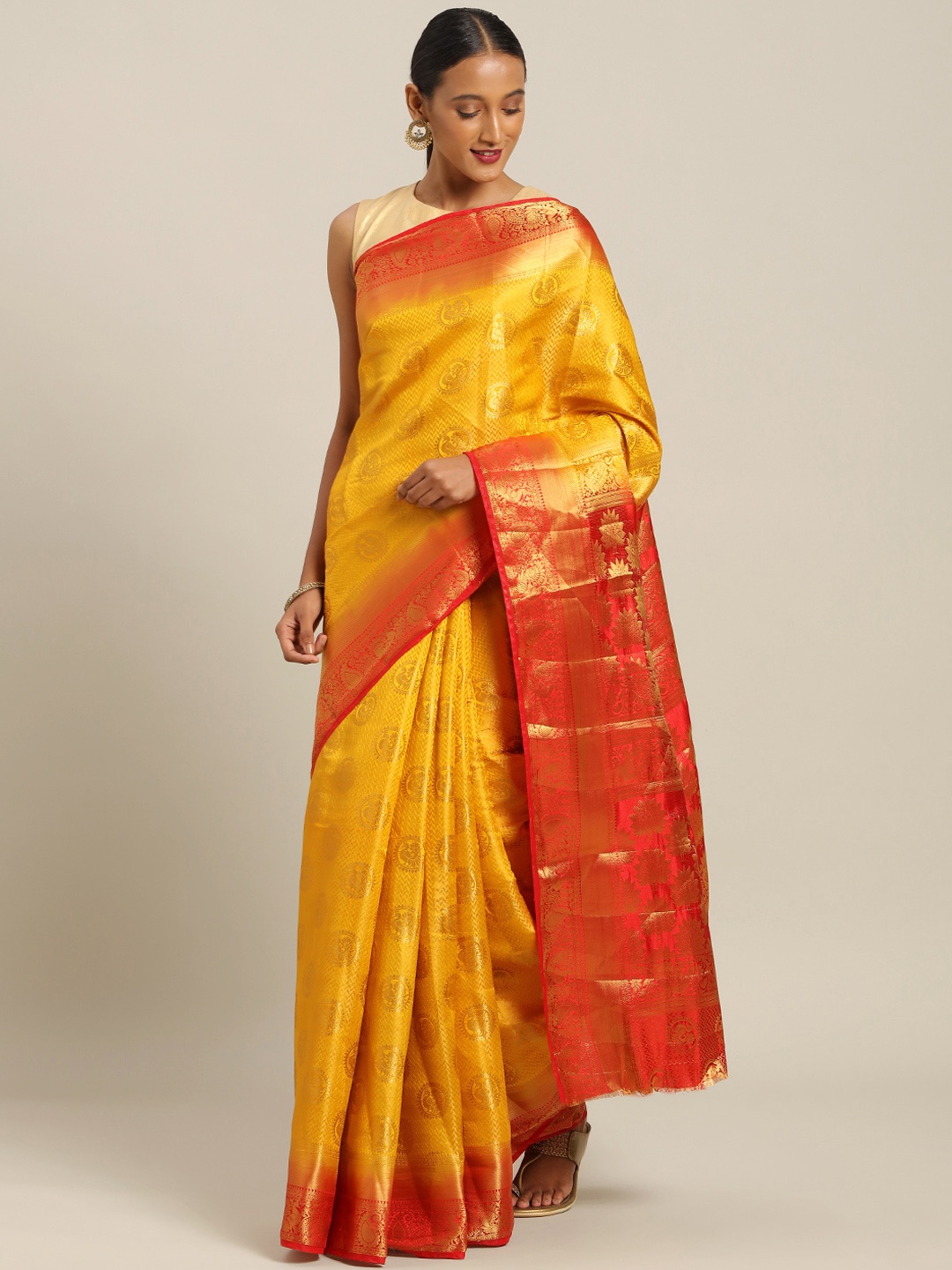 

SANGAM PRINTS Yellow & Red Pure Silk Woven Design Handloom Maheshwari Saree