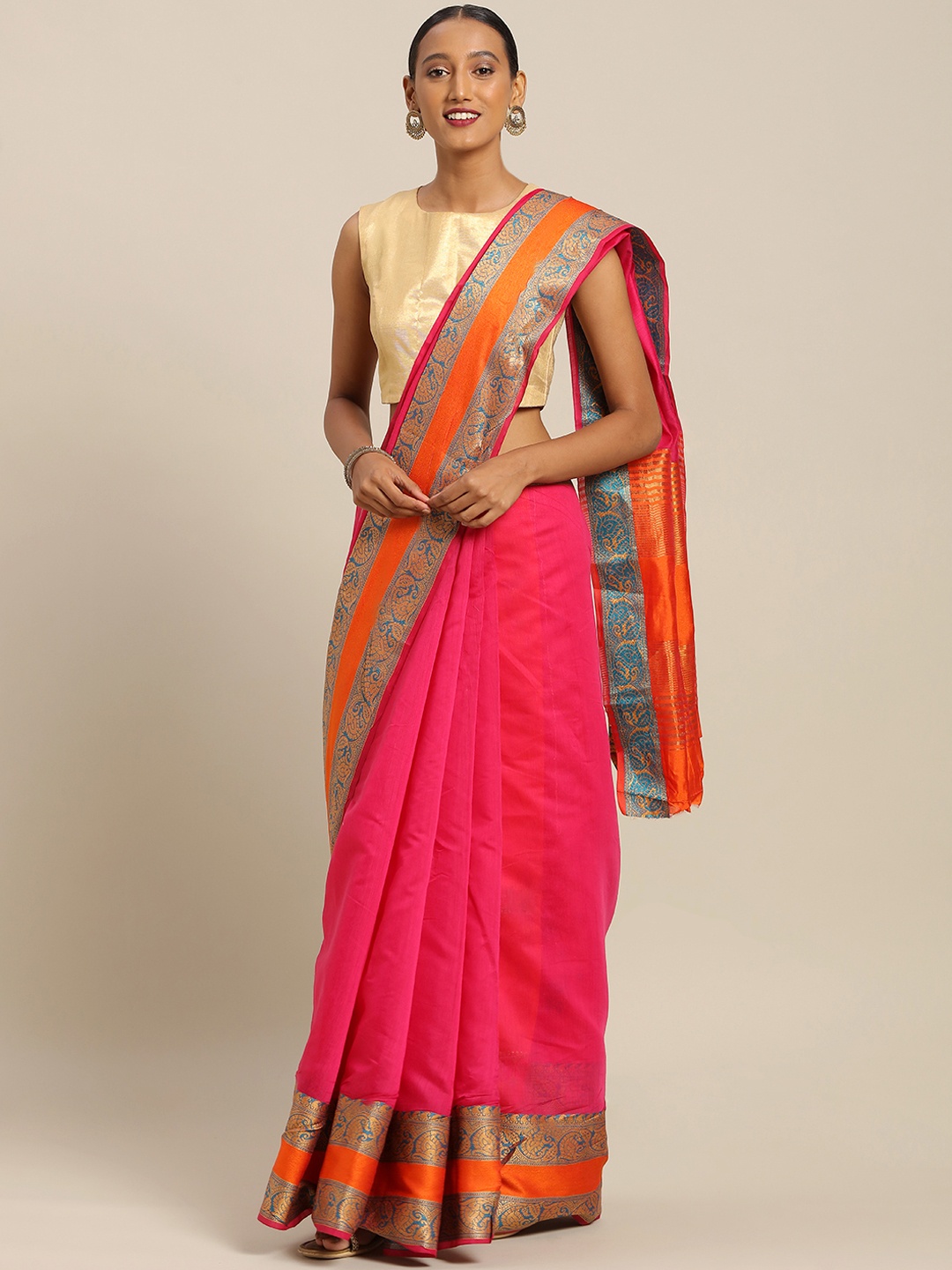 

SANGAM PRINTS Magenta Pink & Orange Silk Cotton Solid Handloom Saree