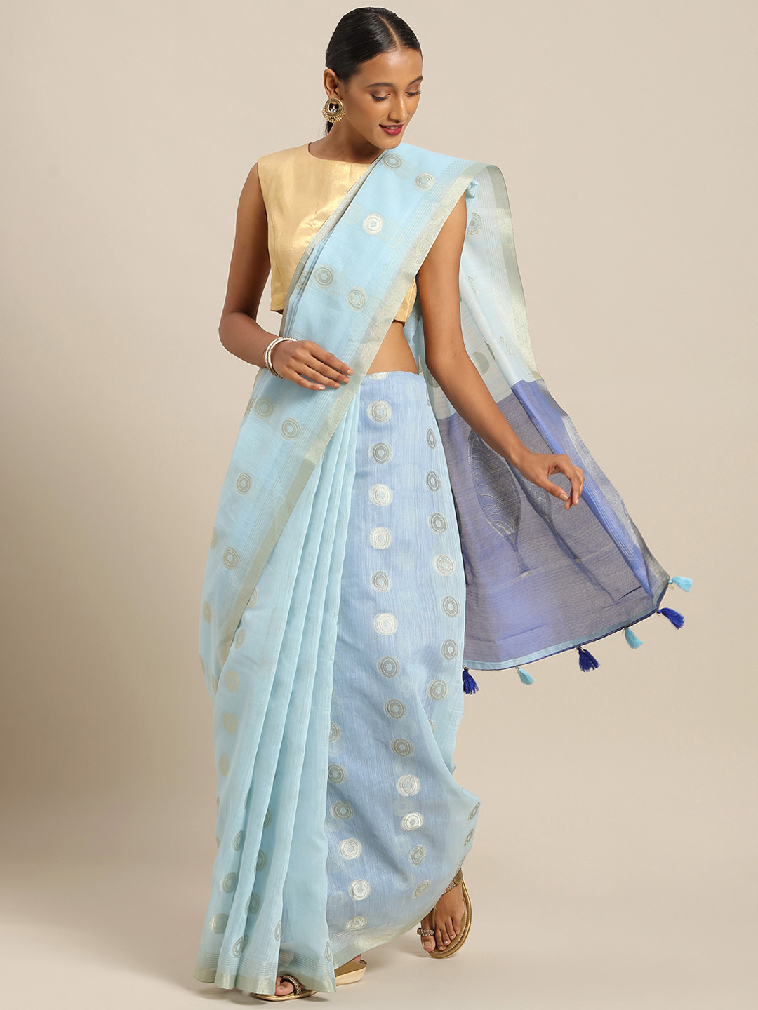 

SANGAM PRINTS Blue & Silver-Toned Linen Blend Woven Design Handloom Kota Saree