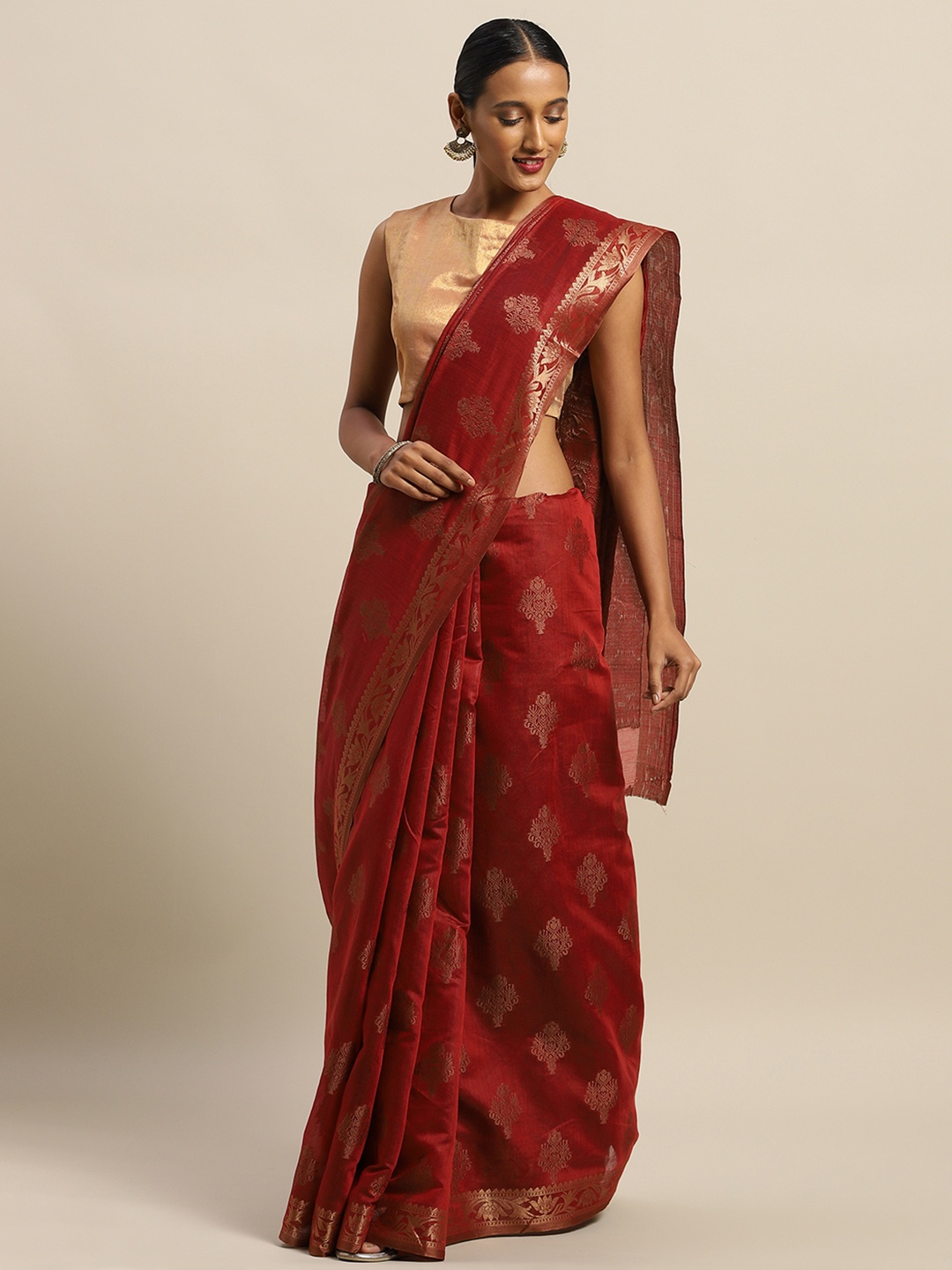 

SANGAM PRINTS Maroon & Gold-Toned Woven Design Pure Cotton Handloom Saree