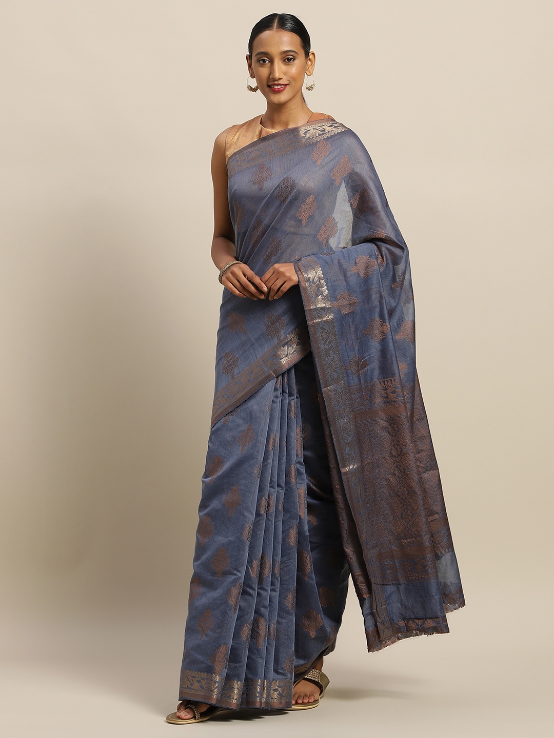 

SANGAM PRINTS Navy Blue & Maroon Pure Cotton Woven Design Saree