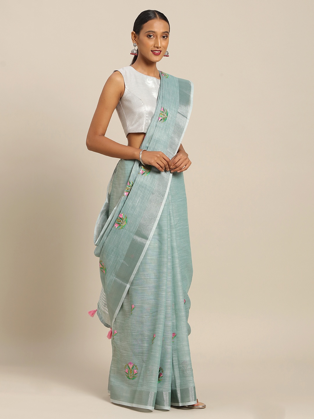 

SANGAM PRINTS Grey Embroidered Linen Blend Saree