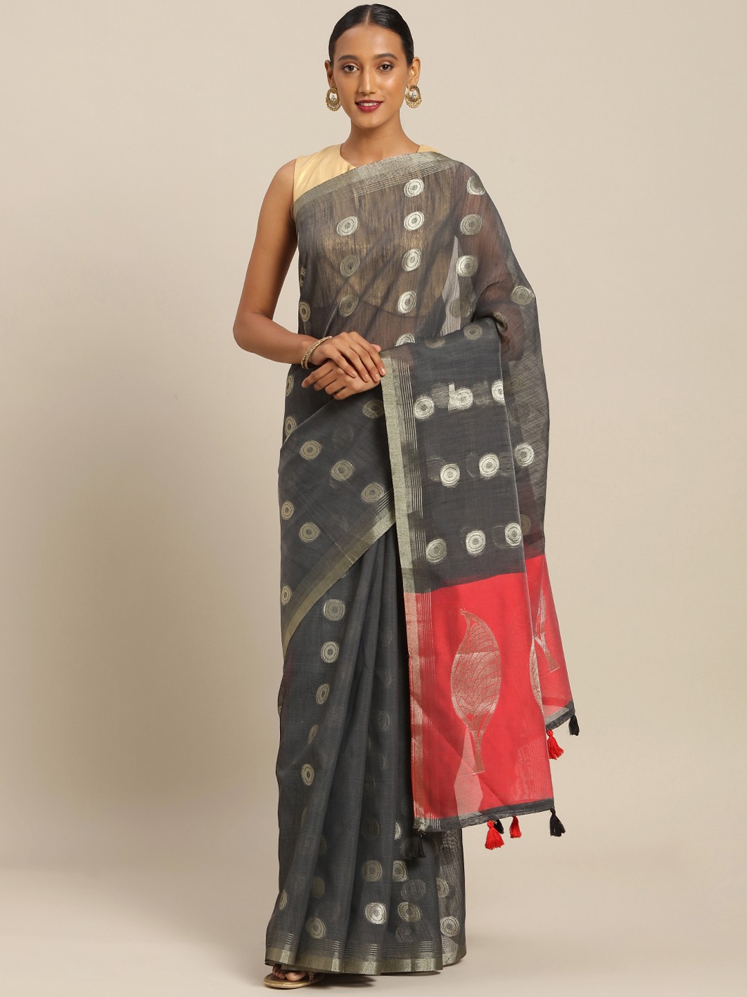 

SANGAM PRINTS Charcoal Grey & Red Linen Blend Woven Design Handloom Kota Saree