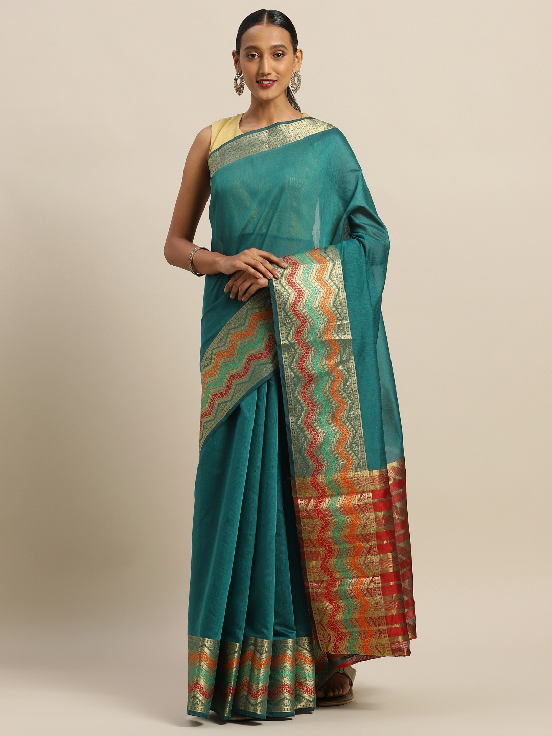 

SANGAM PRINTS Teal Green & Red Silk Cotton Solid Saree
