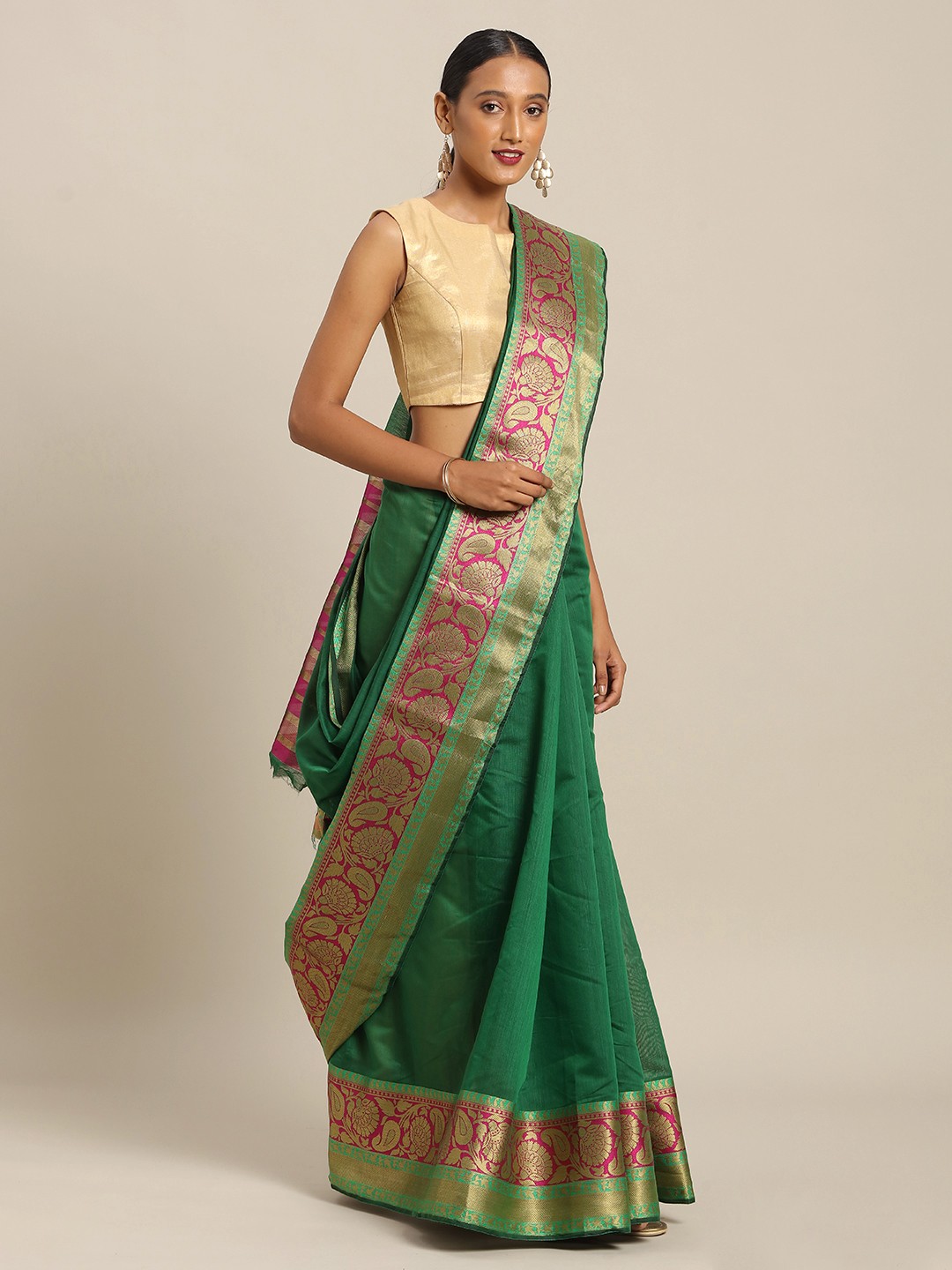 

SANGAM PRINTS Green & Pink Silk Cotton Woven Design Saree