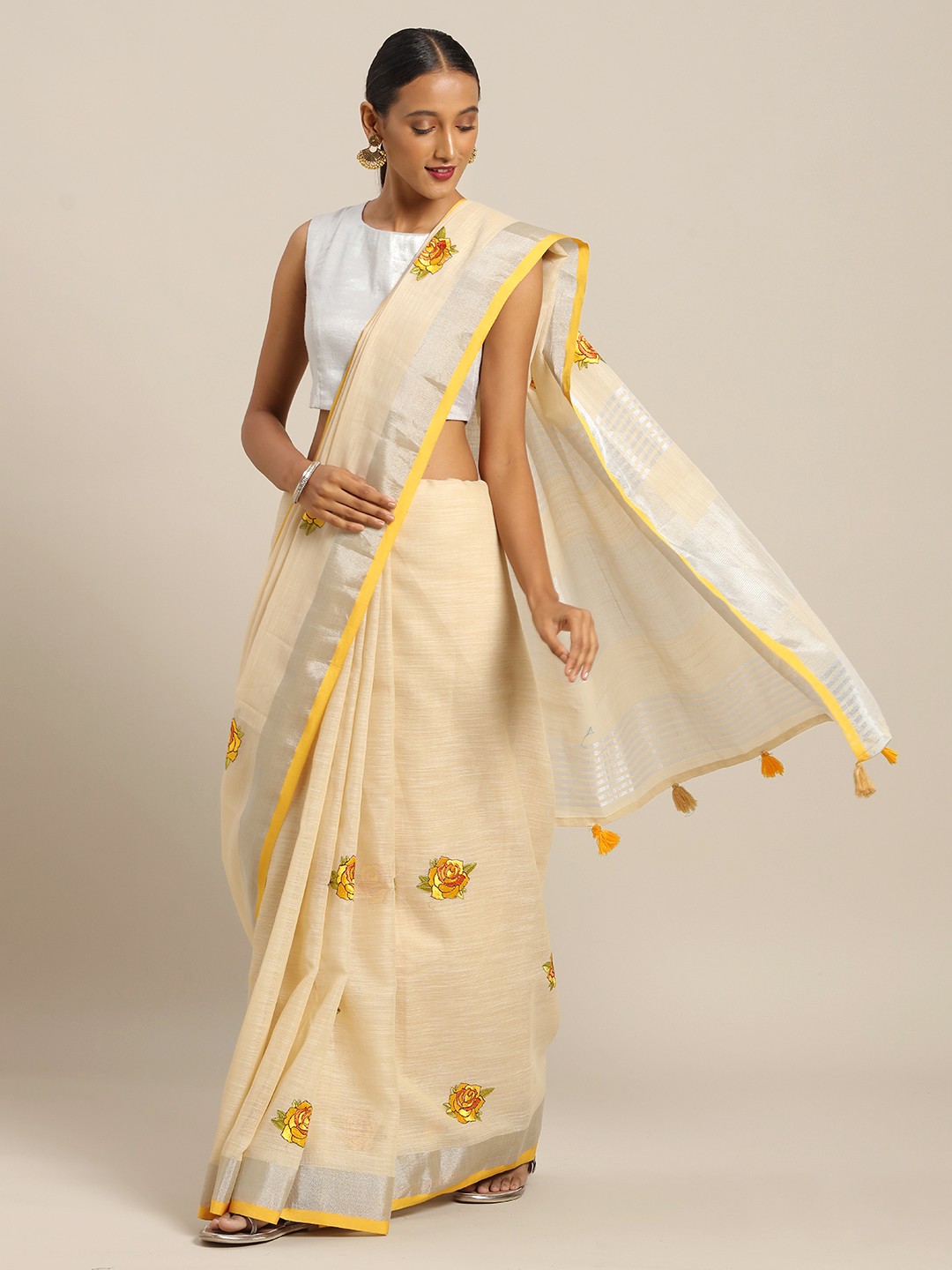

SANGAM PRINTS Cream-Coloured & Yellow Linen Blend Embroidered Saree