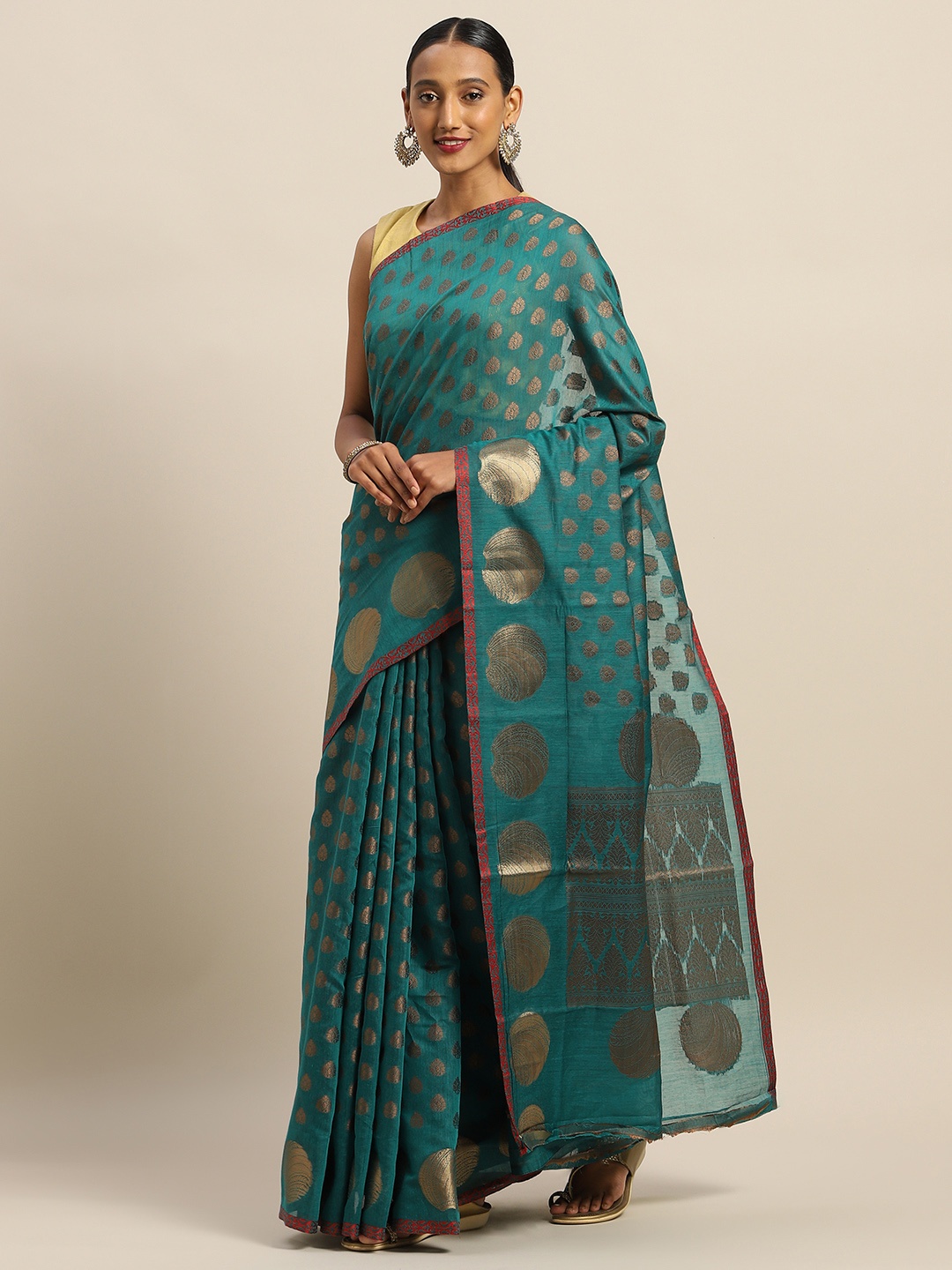 

SANGAM PRINTS Teal Green & Gold-Toned Silk Cotton Woven Design Saree