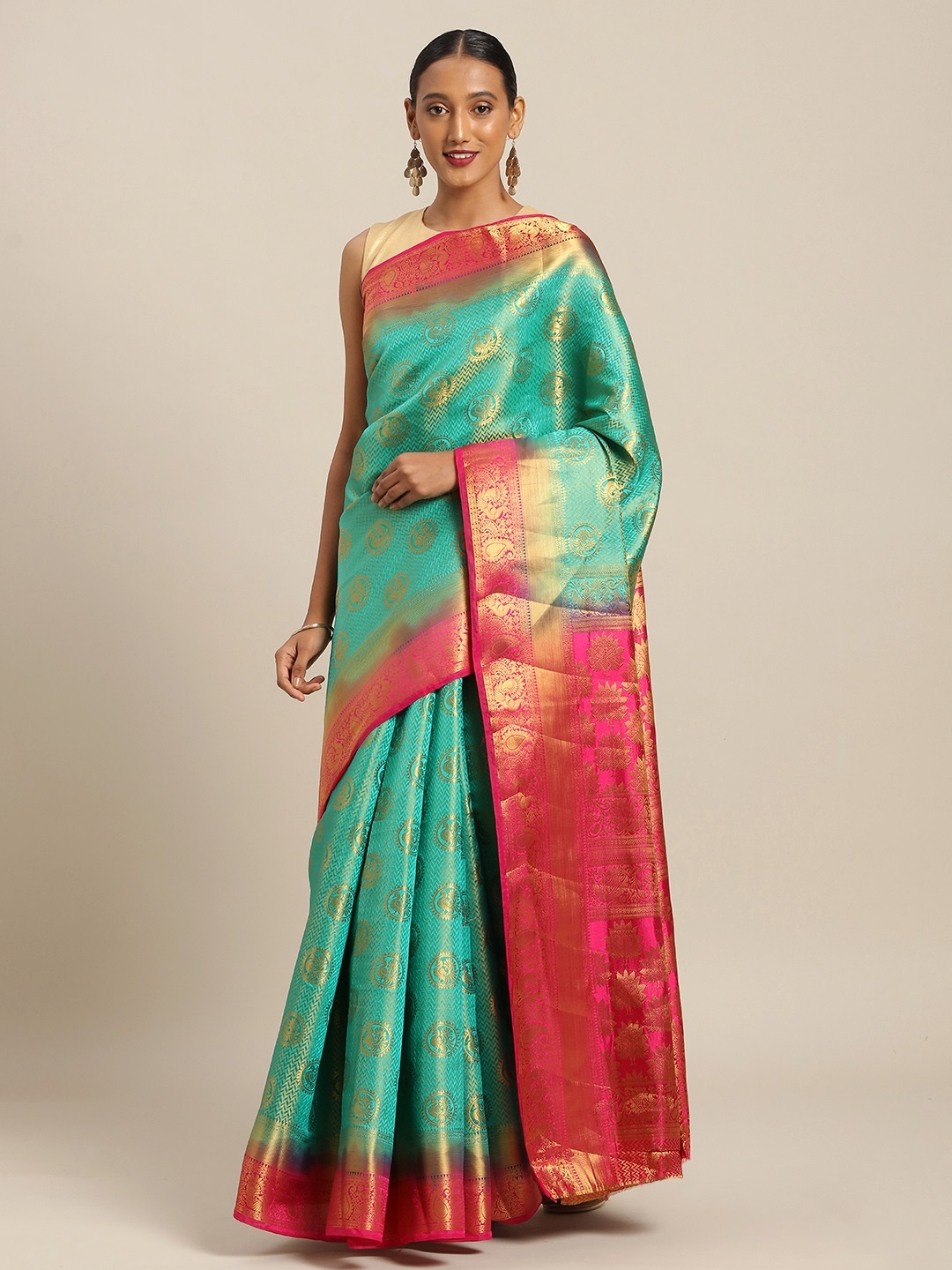 

SANGAM PRINTS Green & Magenta Pink Pure Silk Woven Design Saree