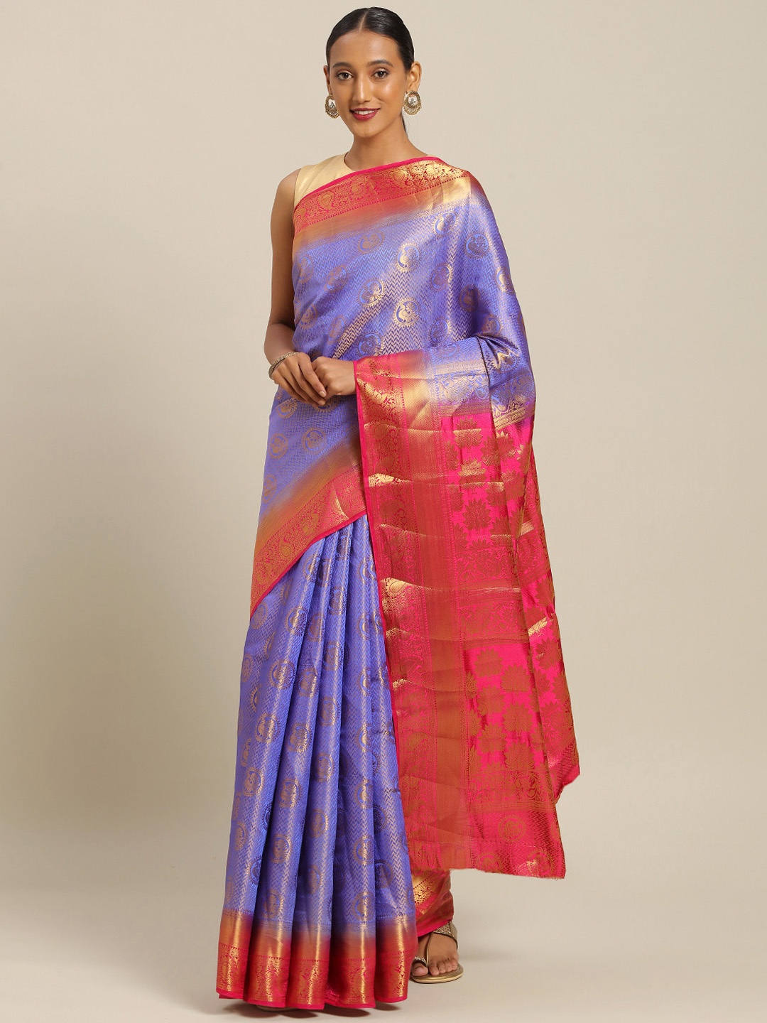 

SANGAM PRINTS Violet & Golden Pure Silk Woven Design Maheshwari Saree