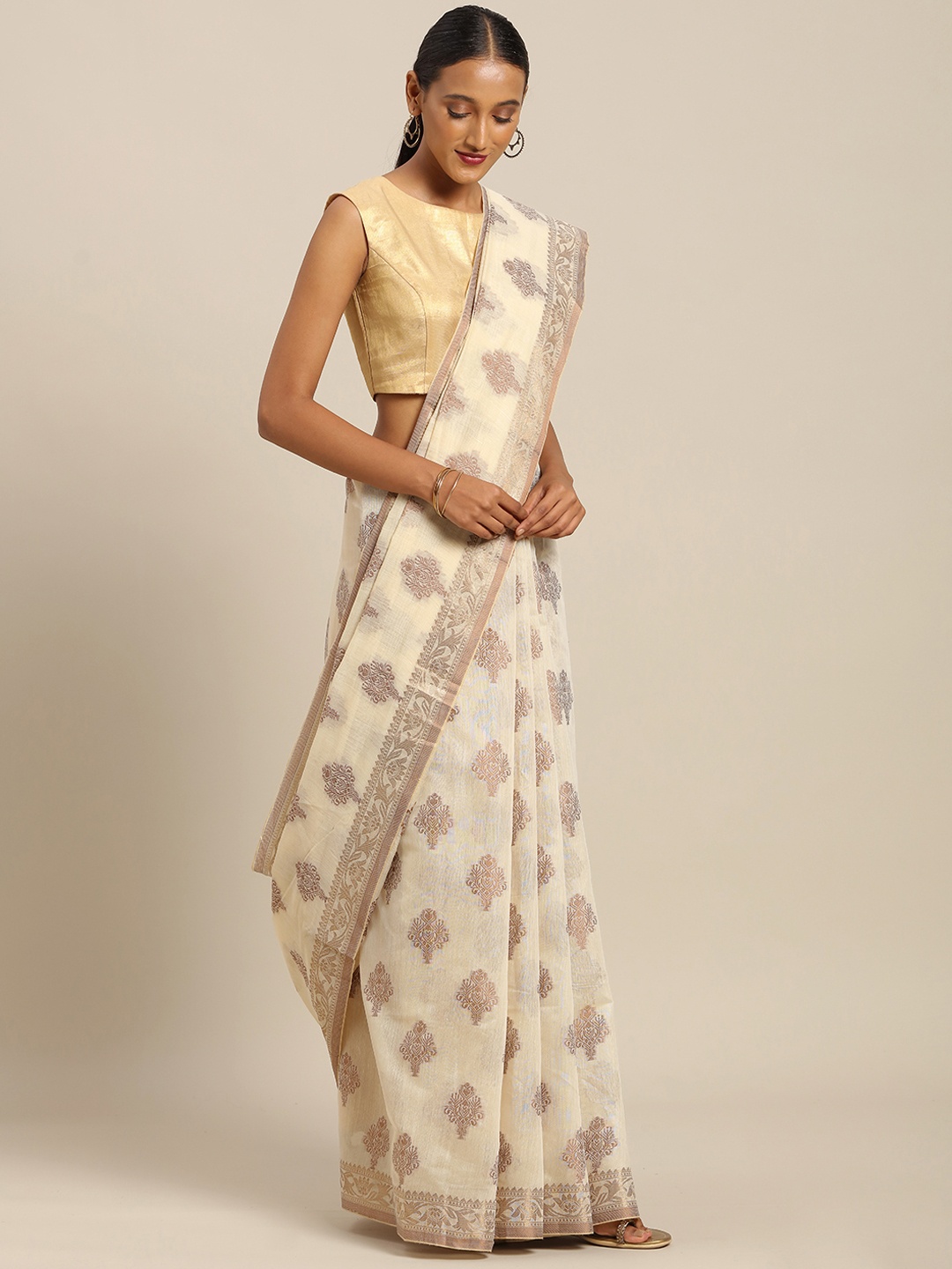 

SANGAM PRINTS Cream-Coloured & Brown Pure Cotton Woven Design Handloom Saree