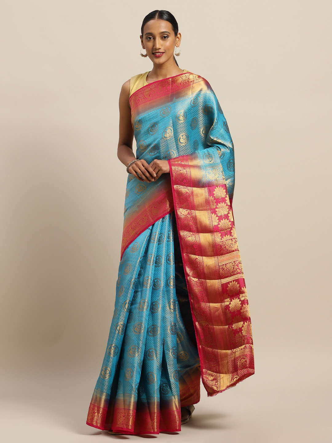 

SANGAM PRINTS Blue & Red Pure Silk Woven Design Maheshwari Saree